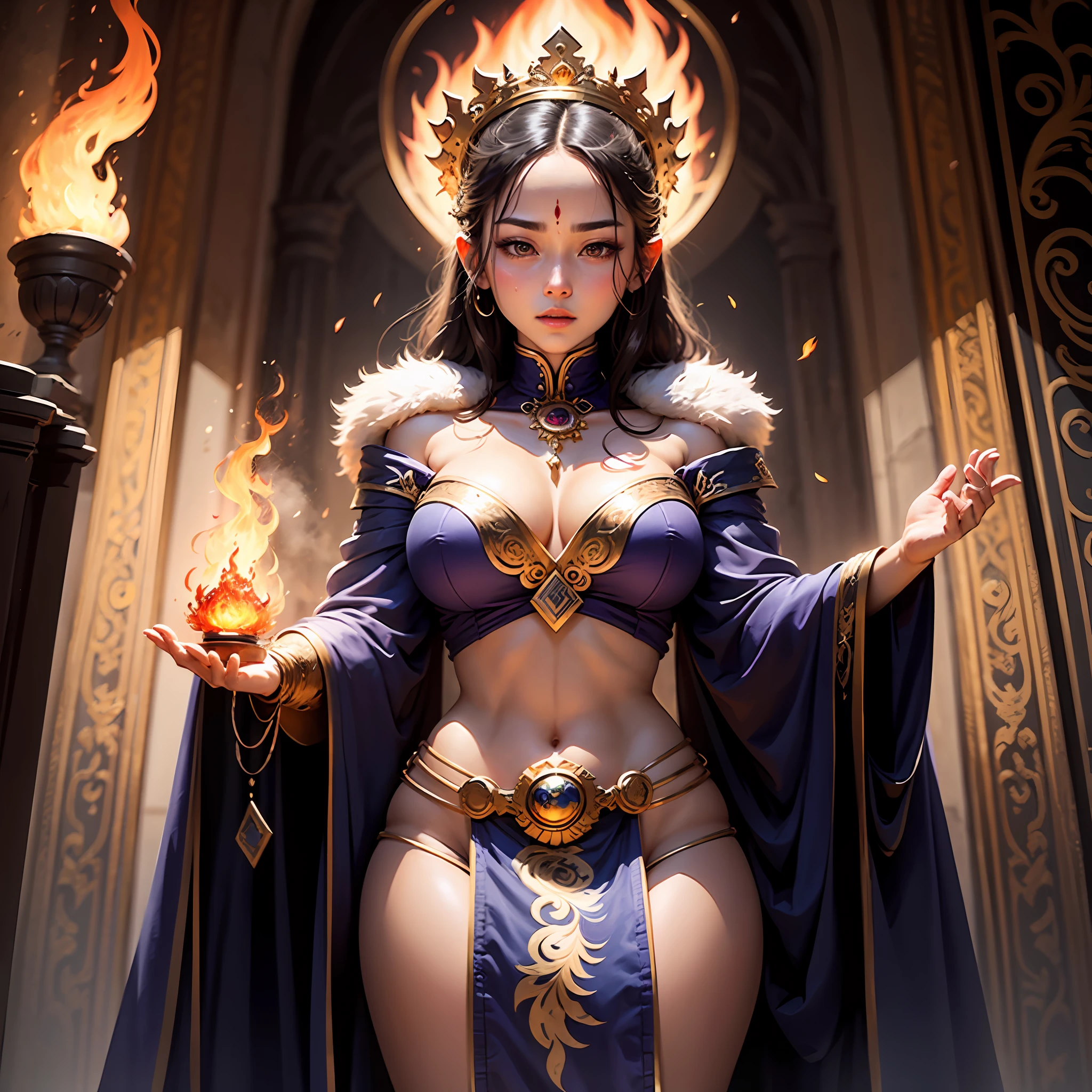 Uma personagem feminina, The power of yin and fire:Demonstrate the cold flame energy controlled by Flame, Highlight its special connection and ability with Yin Fire。, Successor of the Divine Mansion:Depicts Flame as the successor of the shrine, Express her status and power in the divine realm。, Descendants of the God of Goodness:Highlight the flame inheritance to the throne of the god of goodness, Show her goodness and justice as a descendant of the gods。, Overcast tones:The main color is flame with a shade of shade, such as deep purples、Dark blue or dark red, Enhance her mysterious and cold temperament。, Enchanted Flame:Show that the flames controlled by the flames are seductive and captivating, Catchy eyes。, Divine brilliance:Depicts the divine glow emanating from the flames, Express her divinity and majesty as a deity。, The blessing of the divine throne:Highlight the blessing of the throne that Flame received as the successor of the shrine, Like a halo、Symbols or tattoos, etc, Highlight her connection to divine power。, Mystery:Show the mystery in front of the flames, Emphasize her divinity and hidden true identity。, Fire of kindness:Flames depicting fiery manipulation have healing and purifying powers, Symbolizes her kindness and hope。, The majesty of the gods:Show the majesty and dominance of flame as a deity, Express her influence and position in the divine realm。 --auto