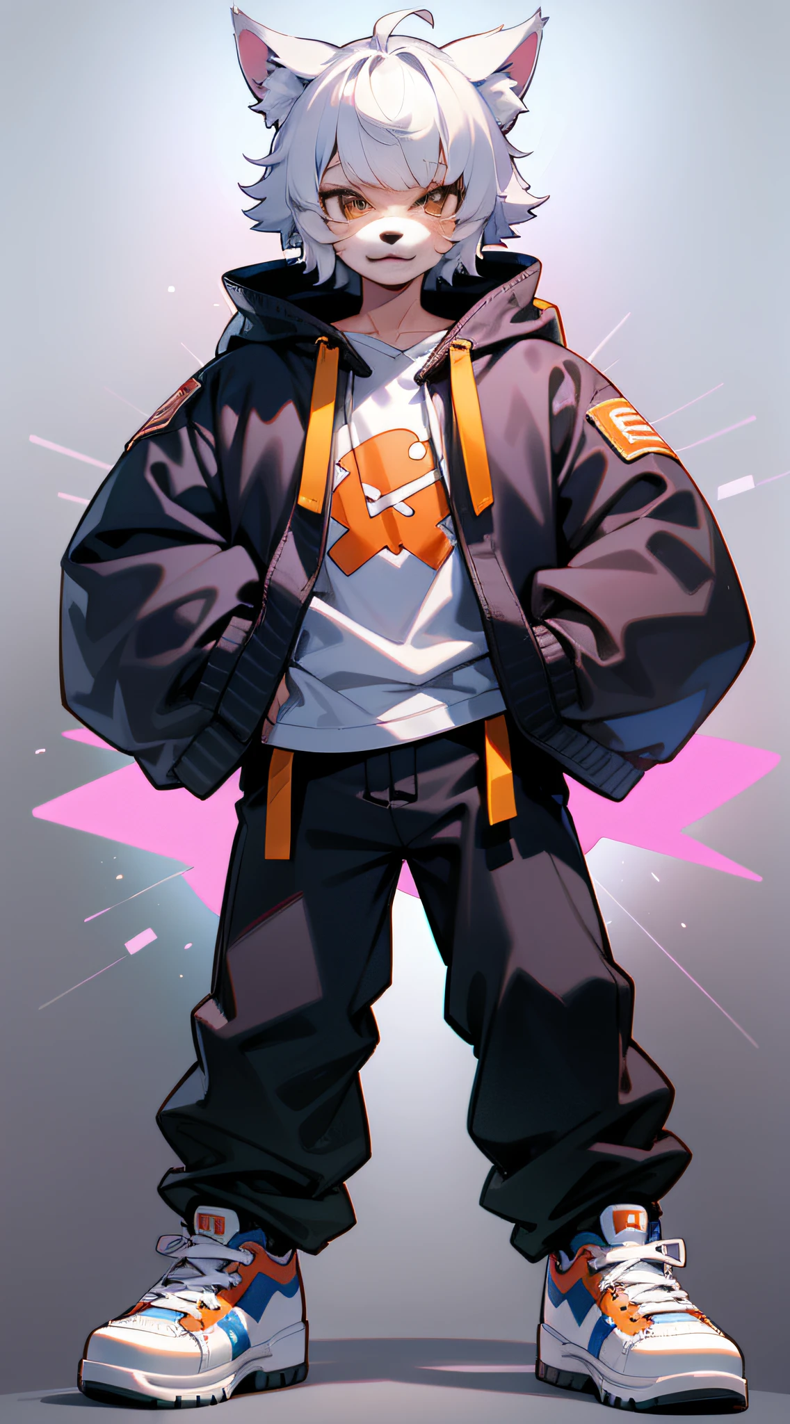 full body Esbian From head to shoes Shota Raising bangs No bangs The right outfit Dobodobo Pants Oversized high-cut sneakers Beastman White ears Hybrid of wolf and man kawaii Deformed White background Stand up straight Highest image quality 8K Straight in front