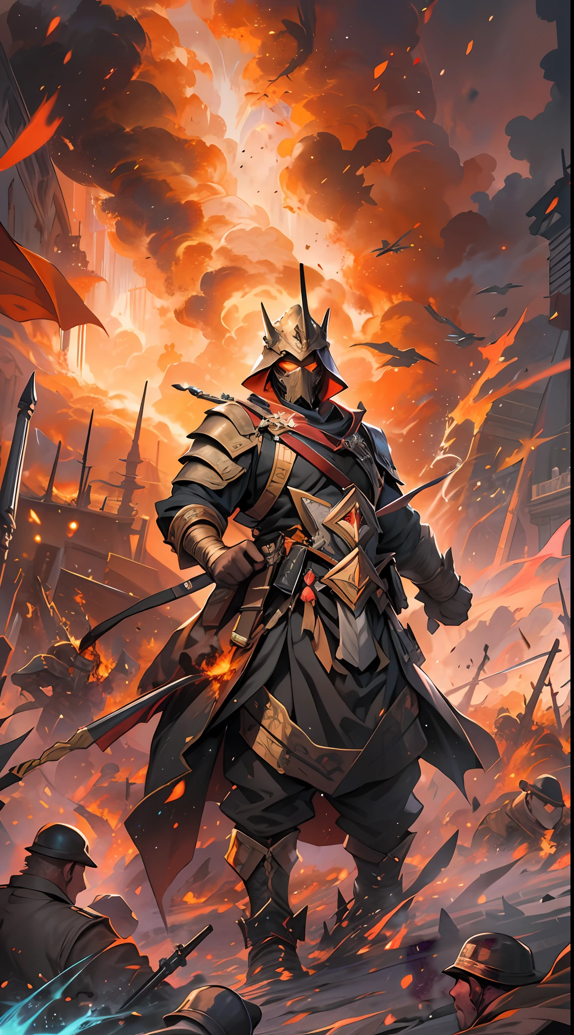 Despite the full counterattacks from two alliances and heroic spirits, they still feel a great threat, a battlefield filled with collisions of flames and energy, the air filled with the scent of gunpowder and electricity, , 32k, best quality, masterpiece, super detail, high details,