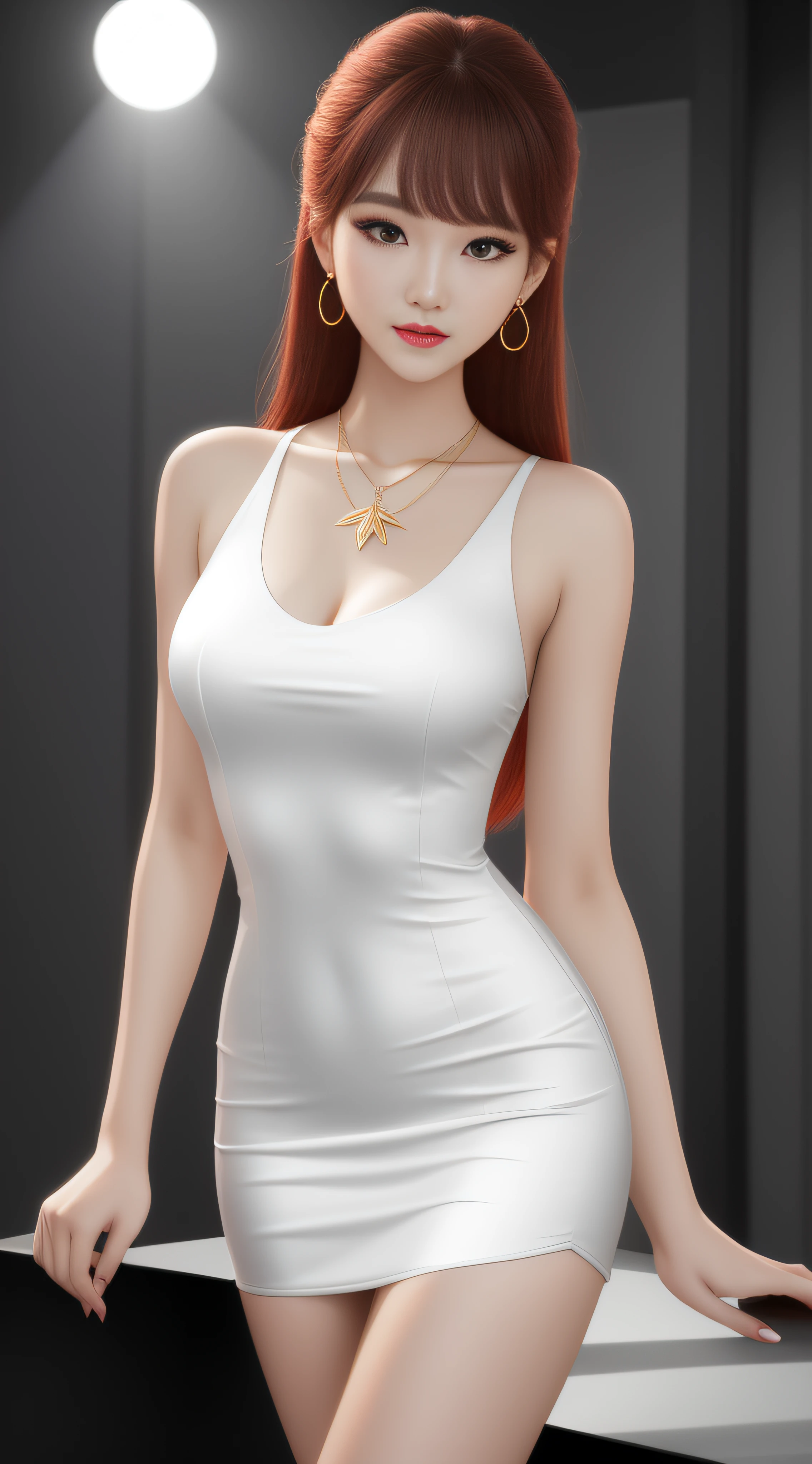 It is an unparalleled masterpiece with the best quality and ultra-high 8K resolution. The photos are very realistic and detailed in detail, using dynamic angles and professional lighting, photon mapping, radiosity, and physically based rendering techniques. The girl in the photo is graceful, smiling and soloing. She is a Kpop idol, but in this photo, from the front, a temperament of absurdity, purity and beauty is shown. Her appearance is very detailed and beautiful, wearing light makeup, using PureErosFace_v1 techniques, applying red lipstick separately from her lips, tall figure, golden ratio, wide shoulders and narrow waist, delicate and beautiful eyes and puffy eye bags, thick and slender eyelashes, shiny skin. This is a full-body photo of a girl wearing a red suit, white compression V-neck shirt, red pencil skirt, red high heels, earrings and necklace, standing outdoors to face the audience, the full-body shot highlights her beauty even more. The surreal atmosphere makes her even more mysterious and fascinating. The girl's face is very delicate, with a slender face and slender body, smiling at the audience as if she were the most beautiful woman in the city. The details in the photos are very high, with delicate texture and depth on the face, eyes, perfect fingers, and background. This is a collectible 8K wallpaper that makes people unable to look away.