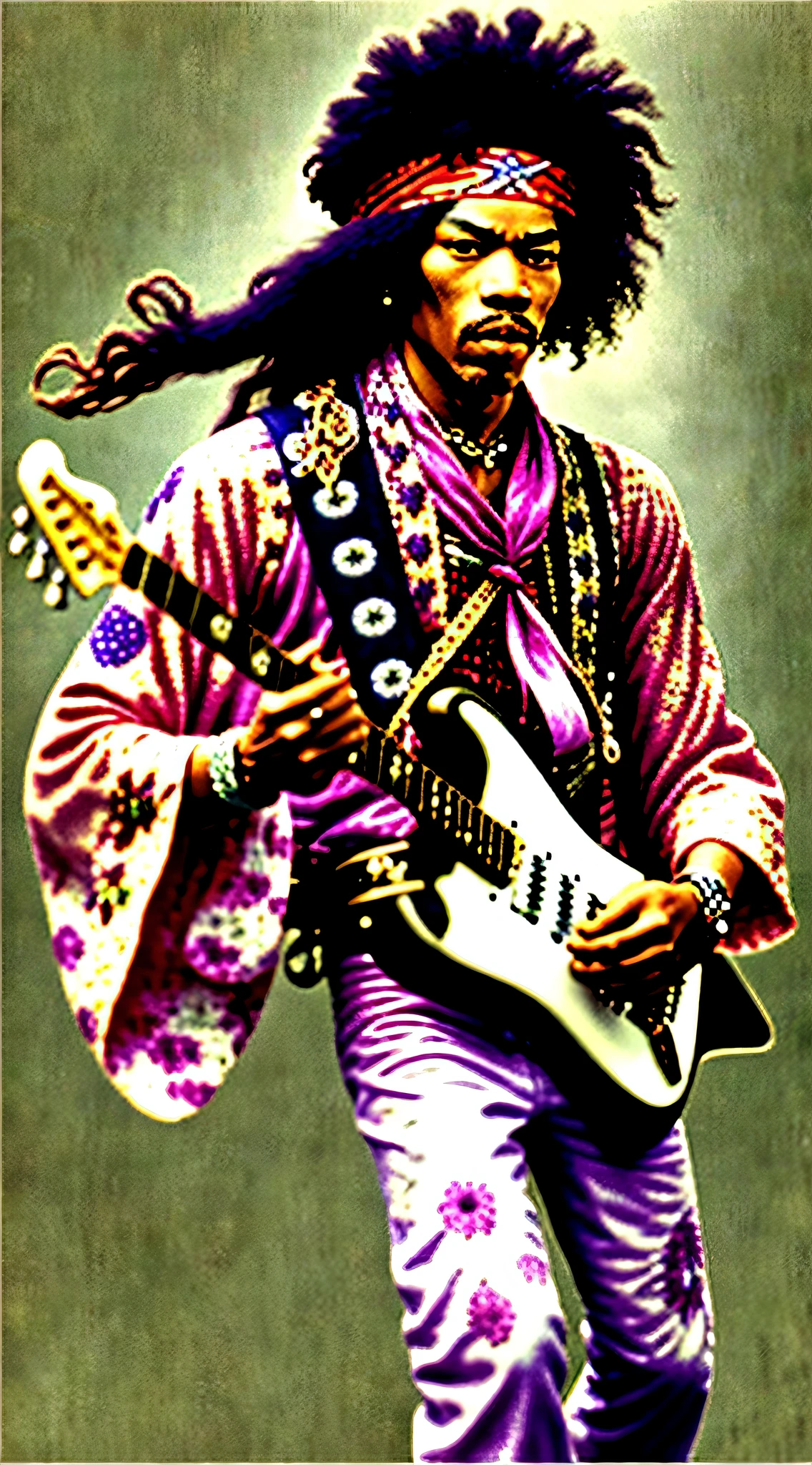 top-quality。foco nítido。hight resolution。Wavy long hair、Guitarist wearing a bandana。Although the body is lean、Feel powerful。６０Playing guitar in the fashion of the ages、Jimi Hendrix-influenced guitarist。