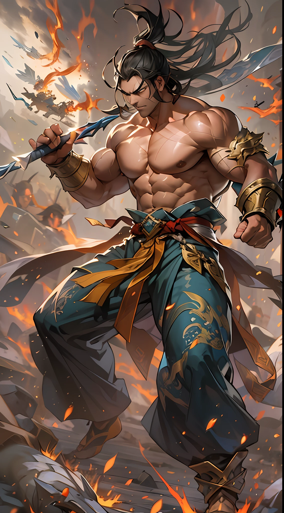 Li Gu's battle shocks everyone, displaying extraordinary combat power, his body radiating a powerful aura, bulging muscles, determined gaze, as if transformed into a war god. However, due to excessive exhaustion, he cannot sustain it for long, his stamina gradually weakening, , 32k, best quality, masterpiece, super detail, high details,