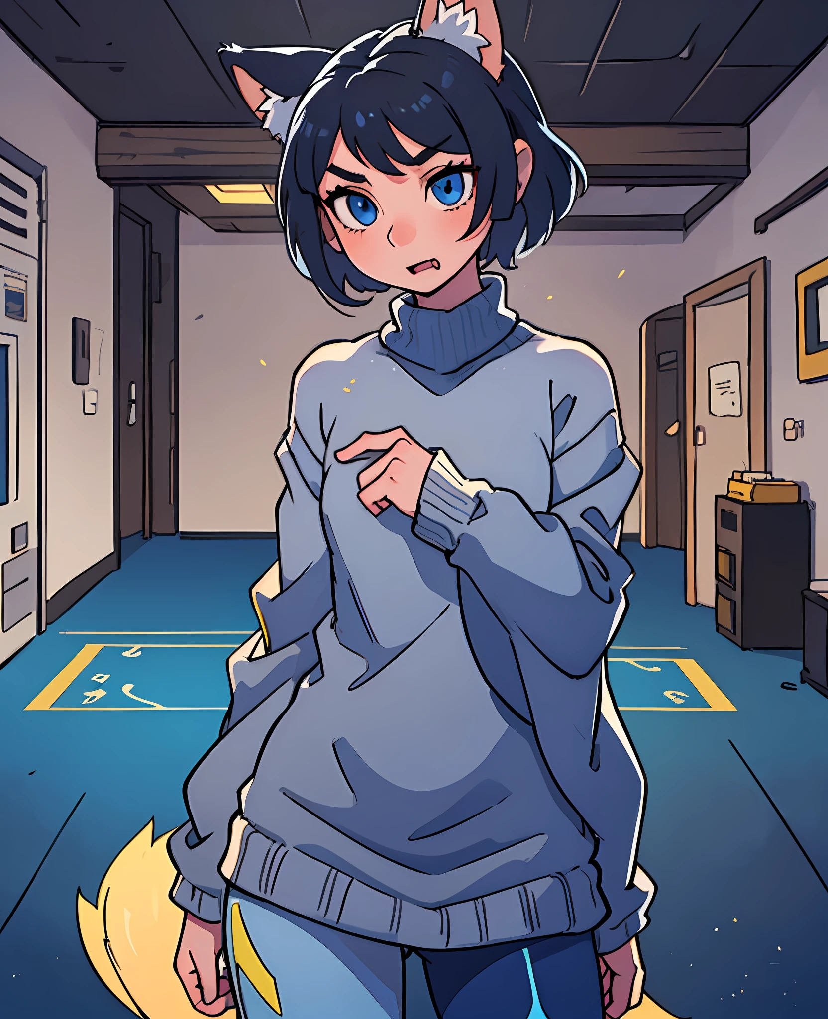 Anime, girl, woman, short black hair, grey fox ears, blue eyes, in the mouth the fang on the left side stands out, a grey fox tail, thin body without much chest, cold sweater, blue sleeves and the rest grey, yellow shirt, legging trousers --auto --s2
