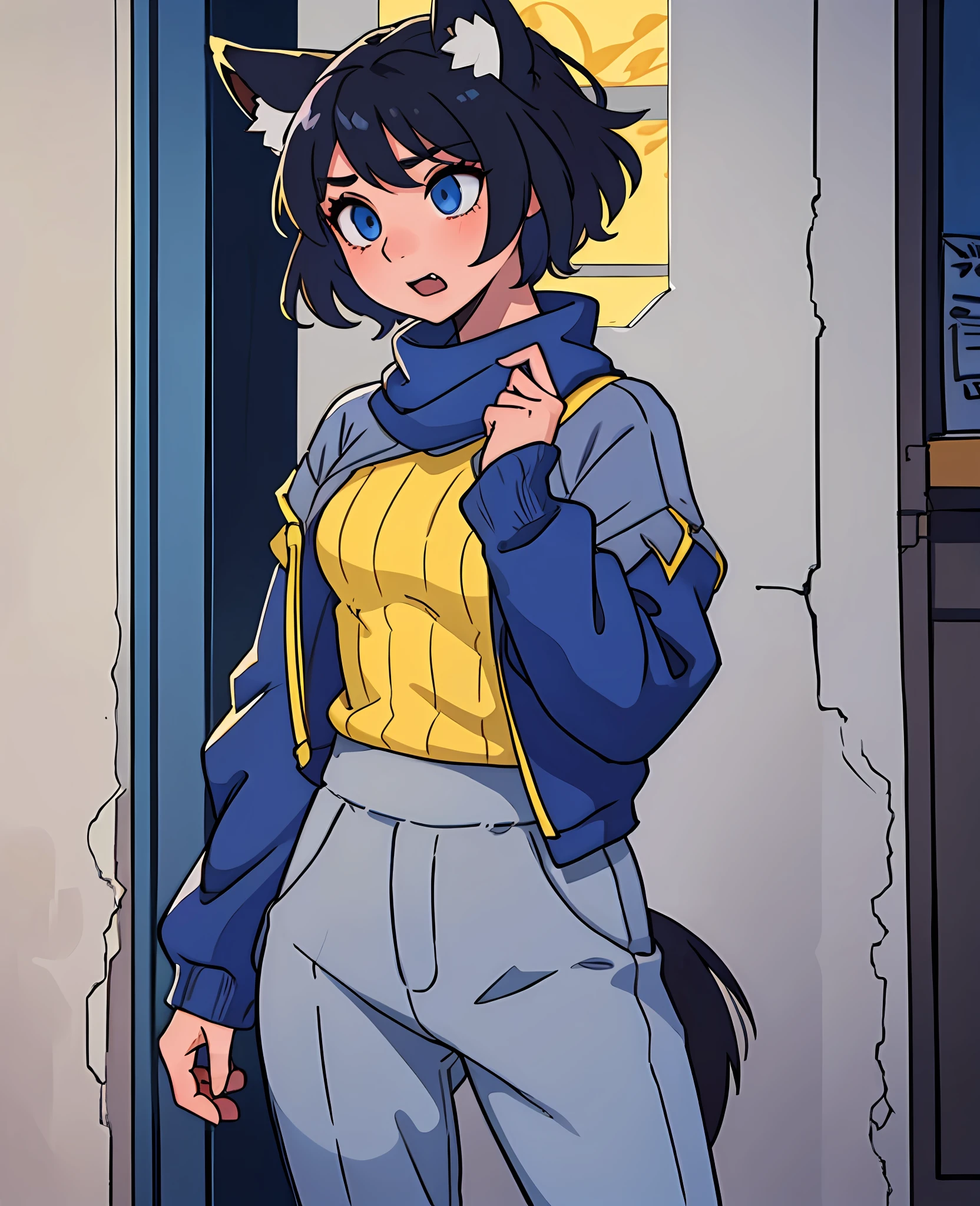 Anime, girl, woman, short black hair, grey fox ears, blue eyes, in the mouth the fang on the left side stands out, a grey fox tail, thin body without much chest, cold sweater, blue sleeves and the rest grey, yellow shirt, legging trousers --auto --s2