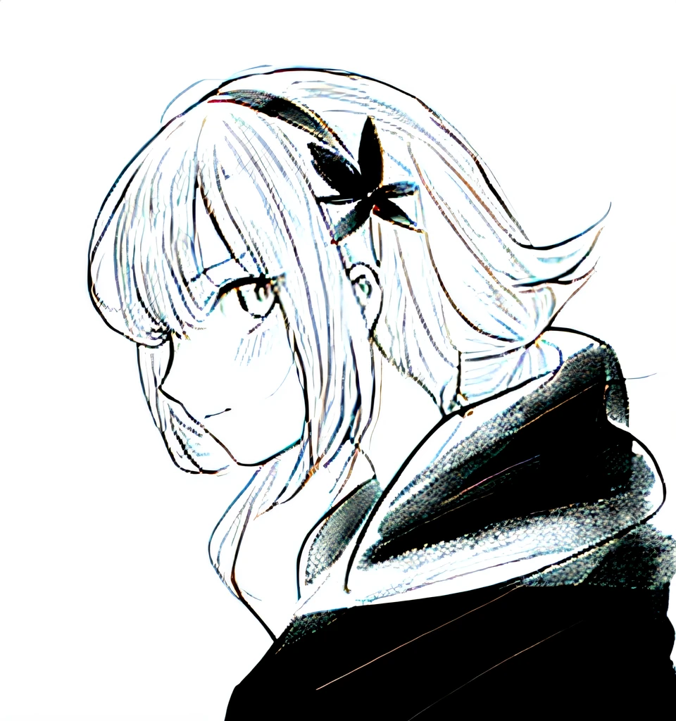 Drawing of a girl with long hair and a bow, clean anime outlines, simple line art, clean line drawings, perfect lineart, thick linework, thick black lineart, variable lineart, Thick line art, linear art, sharp lineart, Flat anime style shading, profile of anime girl, anime girl portrait profile, intense line art, simple line art