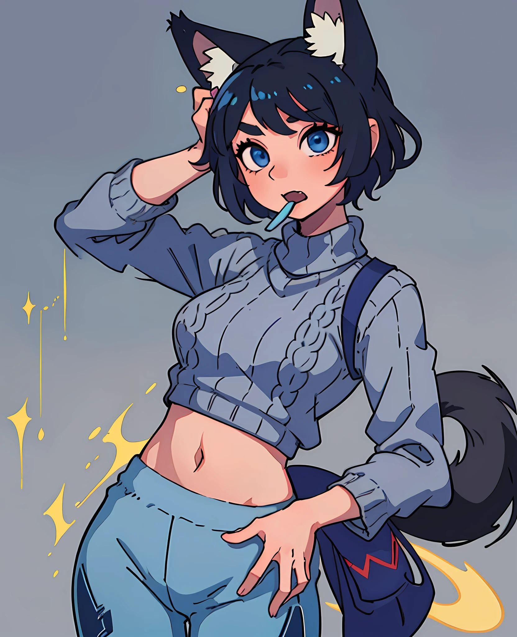 Anime, girl, woman, short black hair, grey fox ears, blue eyes, in the mouth the fang on the left side stands out, a grey fox tail, thin body without much chest, cold sweater, blue sleeves and the rest grey, yellow shirt, legging trousers --auto --s2