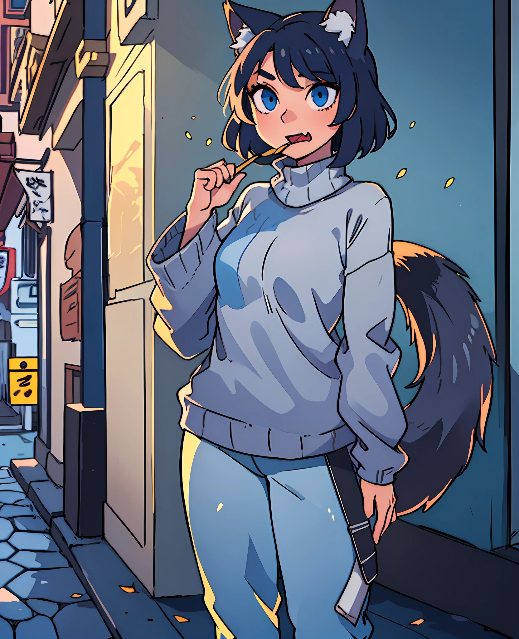 Anime, girl, woman, short black hair, grey fox ears, blue eyes, in the mouth the fang on the left side stands out, a grey fox tail, thin body without much chest, cold sweater, blue sleeves and the rest grey, yellow shirt, legging trousers --auto --s2