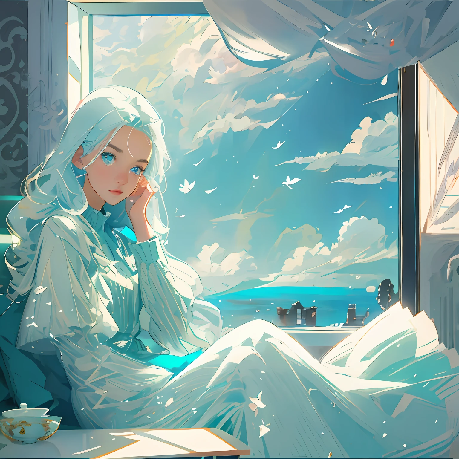 1girll,long whitr hair+eBlue eyes:1.2)sideface,with fair skin,Hands on your head,sitting in the couch,Rest your head on the windowsill,There is wind,There are flowers on the windowsill,45 degrees up at the sky,Show half body,Focus on depicting the blue sky and white clouds on the windowsill and outside the window,the sea,Show the landscape,Fine light and shadow,Lots of details,Side lights on the sides,Close-up side face,high-definition picture quality,Particle rendering.