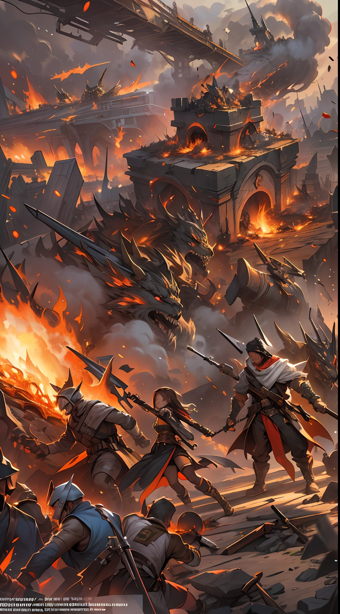 Despite the full counterattacks from two alliances and heroic spirits, they still feel a great threat, a battlefield filled with collisions of flames and energy, the air filled with the scent of gunpowder and electricity, , 32k, best quality, masterpiece, super detail, high details,