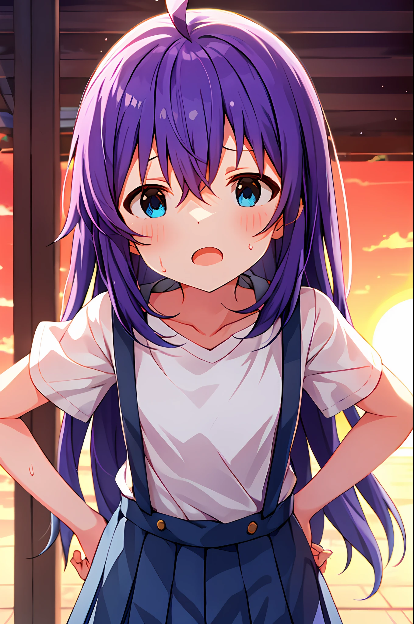 mochizuki anna,1girl in,Solo,Long hair,Purple hair,Medium chest.Ahoge,Blue eyes.Short stature.white t-shirts.suspenders.Skirt.Evening glow.the setting sun.Despair face.Sweat.Opening Mouth.up chest.put hands on the hip.