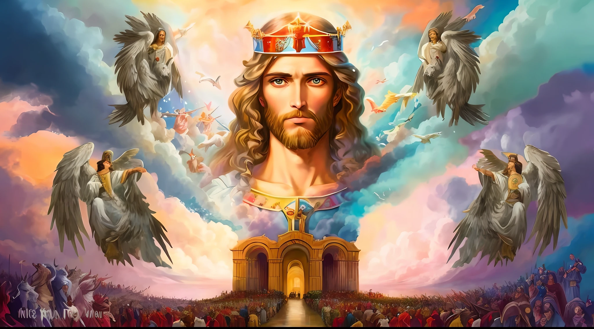 Uma pintura de Jesus cercado por anjos e outros animais, O Deus Imperador da Humanidade, deus imperador, Rei dos Reis, Retrato do Imperador da Humanidade, reino divino dos deuses, ( ( deus rei da arte ai ) ), muitas coroas!! upon his head, Retrato de um Deus Celestial, arte conceitual de deus, Jesus Cristo, deus rei da arte ai, deus divino