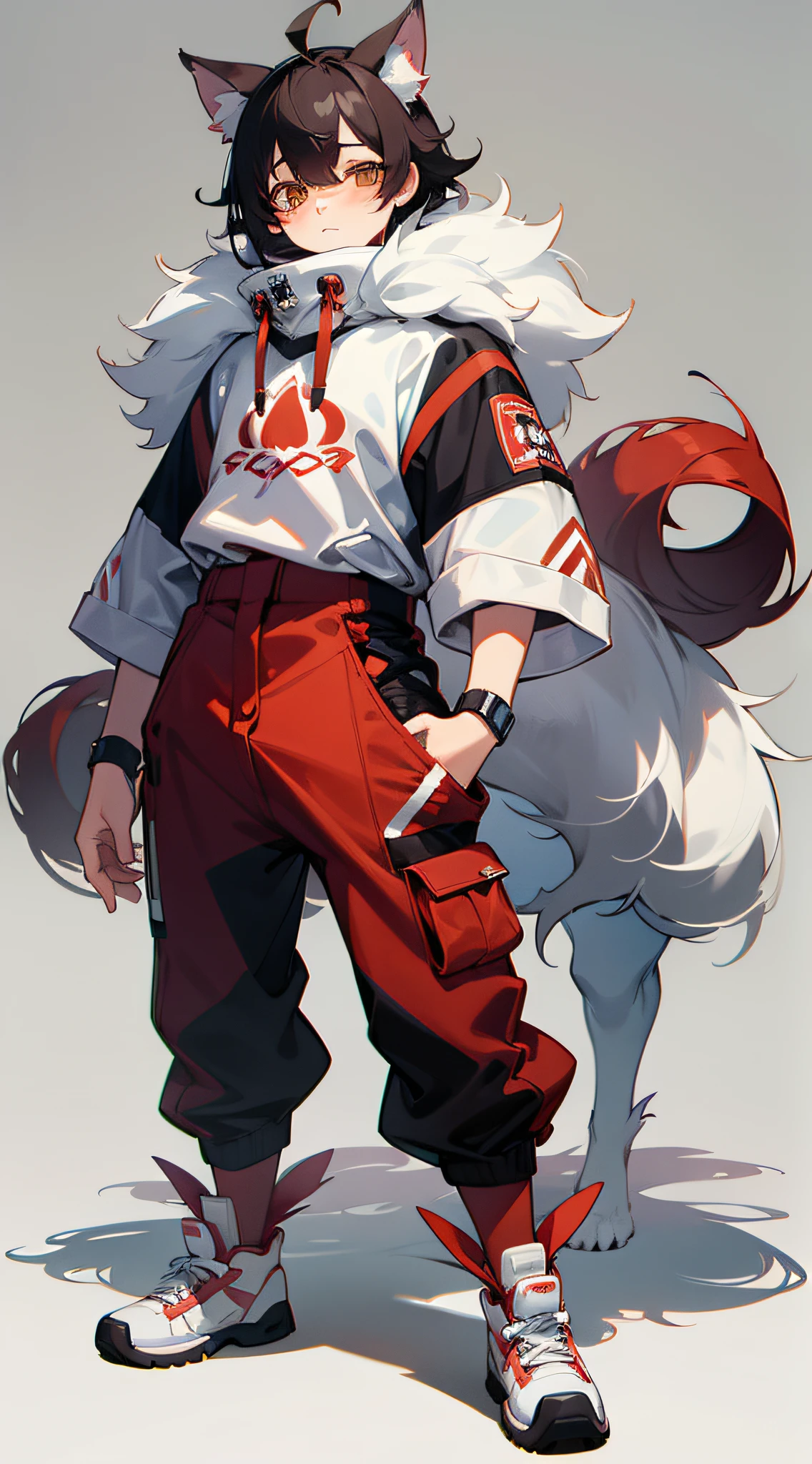 full bodyesbian From head to shoes Shota The right outfit Dobo dobo pants Oversized high-cut sneakers Beastman White ears Hybrid of wolf and man kawaii Deformed White background Stand up straight Highest image quality