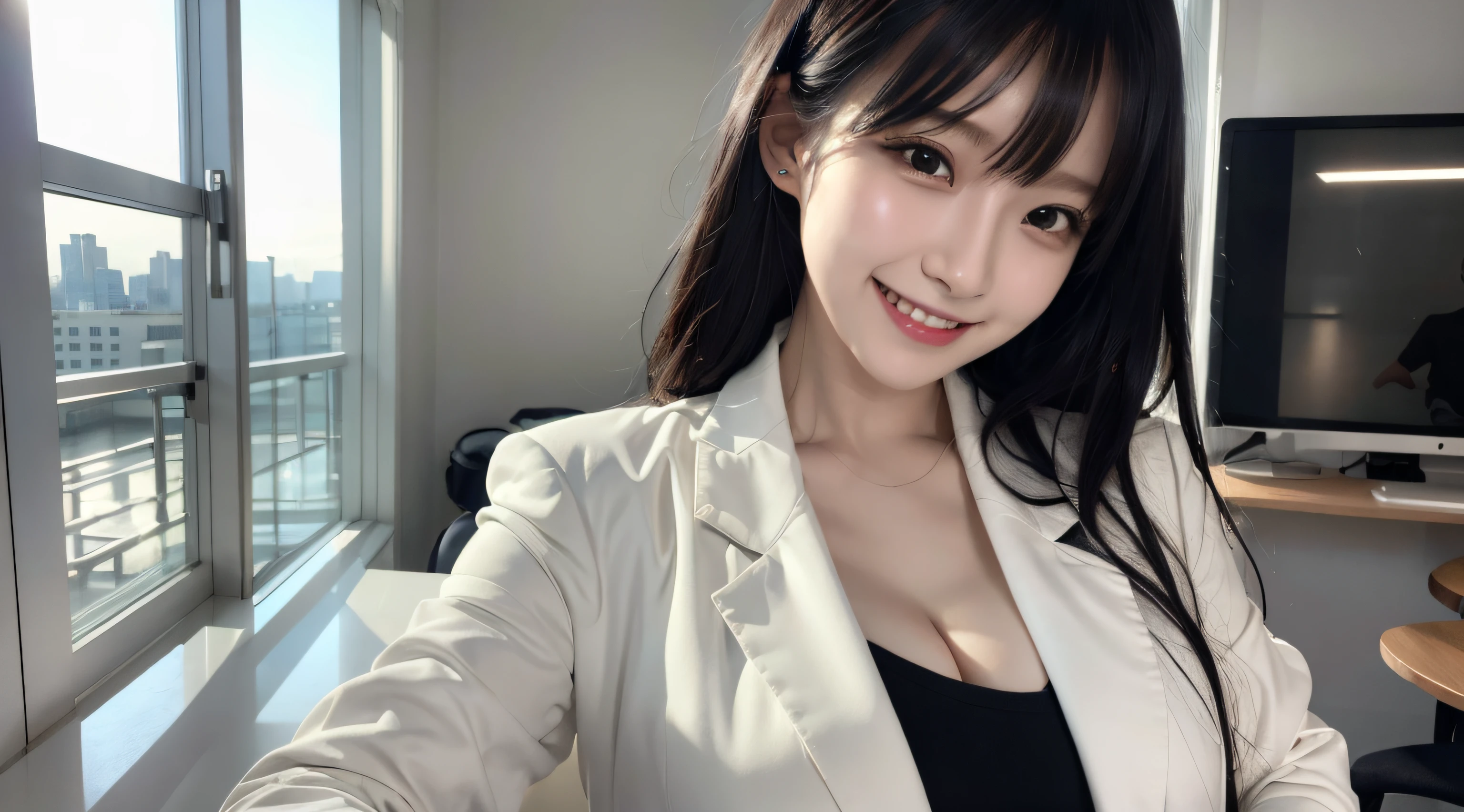 8k,RAW photos,超高分辨率,best qualtiy,tmasterpiece:1.2),(photorealistic illustration),(the Extremely Detailed CG Unity 8K Wallpapers),absurderes,
1个Giant Breast Girl,21yo,beauitful face,mediuml breasts,Black medium hair,ssmile,tilts your head,grin,White custom jacket,office room,The upper part of the body,乃木坂アイドル,女優,韓国アイドル