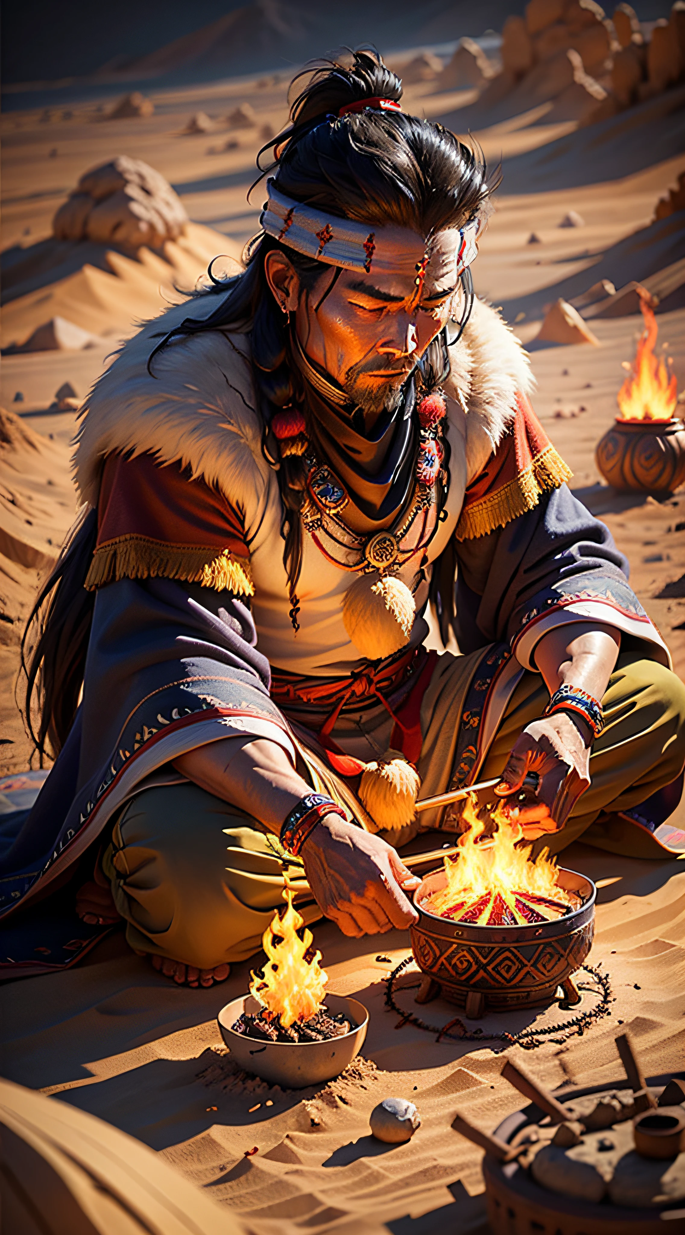 Mongolian men shaman making fire, desert background, mystic, photorealistic , detailed --auto