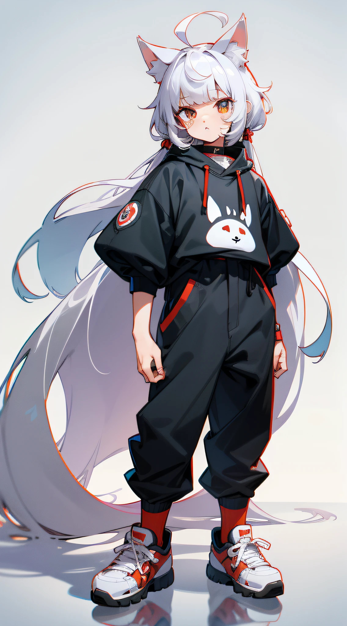 full body Esbian From head to shoes Shota Raise bangs No bangs The right outfit Dobodobo Pants Oversized high-cut sneakers Beastman White ears Hybrid of wolf and man kawaii Deformed White background Stand up straight Highest image quality 8K Straight in front