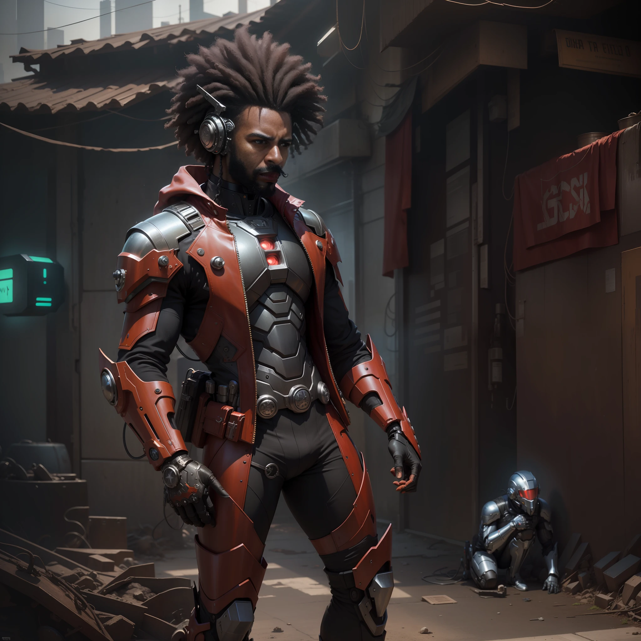 homem afro, cabelos afrosDark_fantasia,Cyberpunk,(motosserra,homem da motosserra,vermelho: 1.1),1 homem,mechanical marvel,robotic presence,cybernetic guardian, wearing a worn mechanical suit, intrincado, (steel metal [enferrujado]), elegante, Foco claro , Filmado por Greg Rutkowski, soft-lighting, cores vibrantes, obra-prima, ((rua)), Tiroteio de Cowboy, dinamic pose,