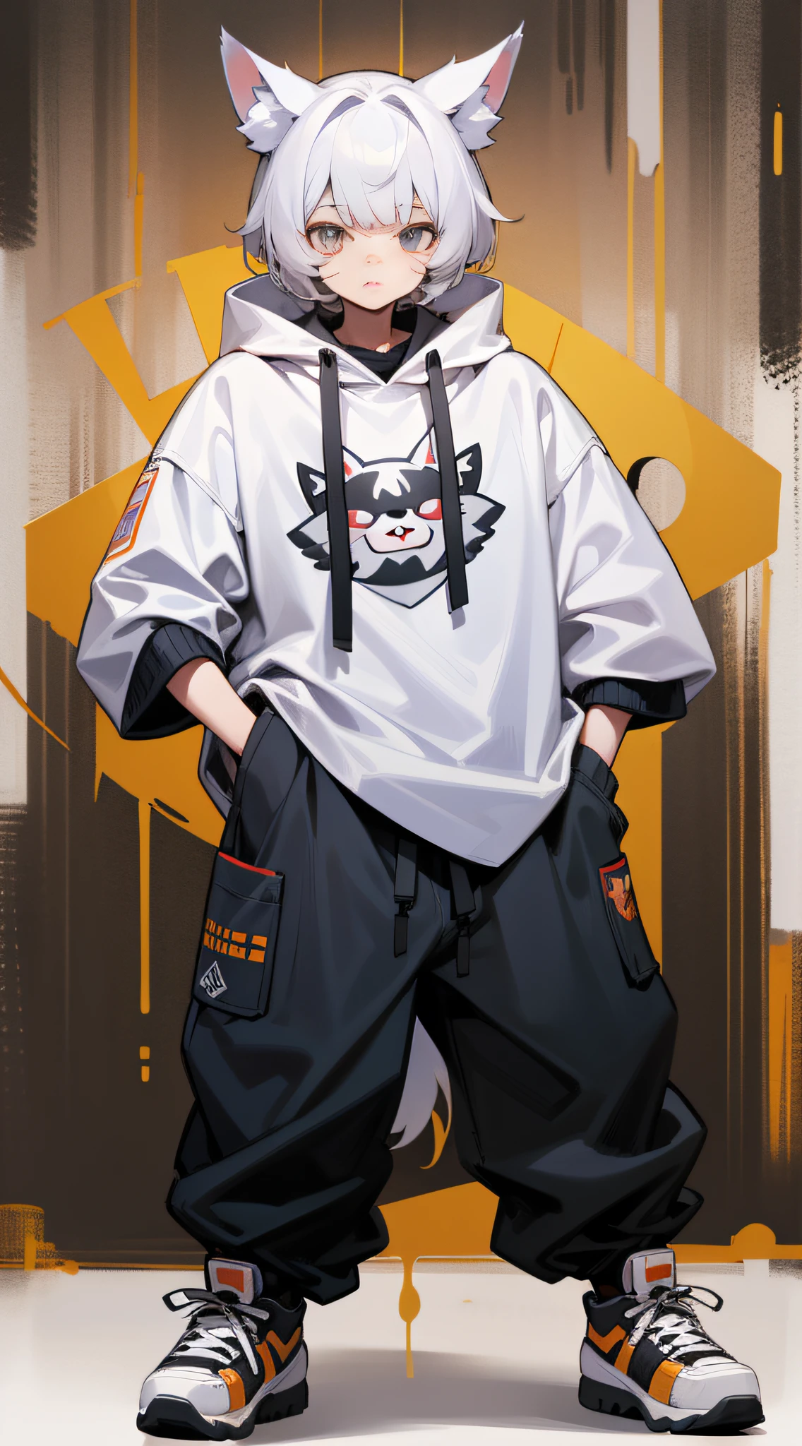 full body Esbian　From head to shoes　Shota　Raise bangs　No bangs　The right outfit　Dobodobo Pants　Oversized high-cut sneakers　Beastman　White ears　Hybrid of wolf and man　kawaii　Deformed　White background　　Stand up straight　Highest image quality　８K　Straight in front