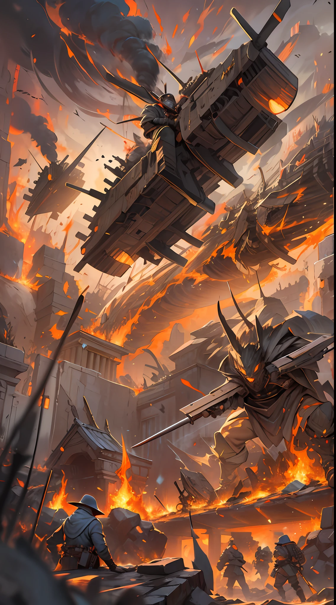 Despite the full counterattacks from two alliances and heroic spirits, they still feel a great threat, a battlefield filled with collisions of flames and energy, the air filled with the scent of gunpowder and electricity, , 32k, best quality, masterpiece, super detail, high details,