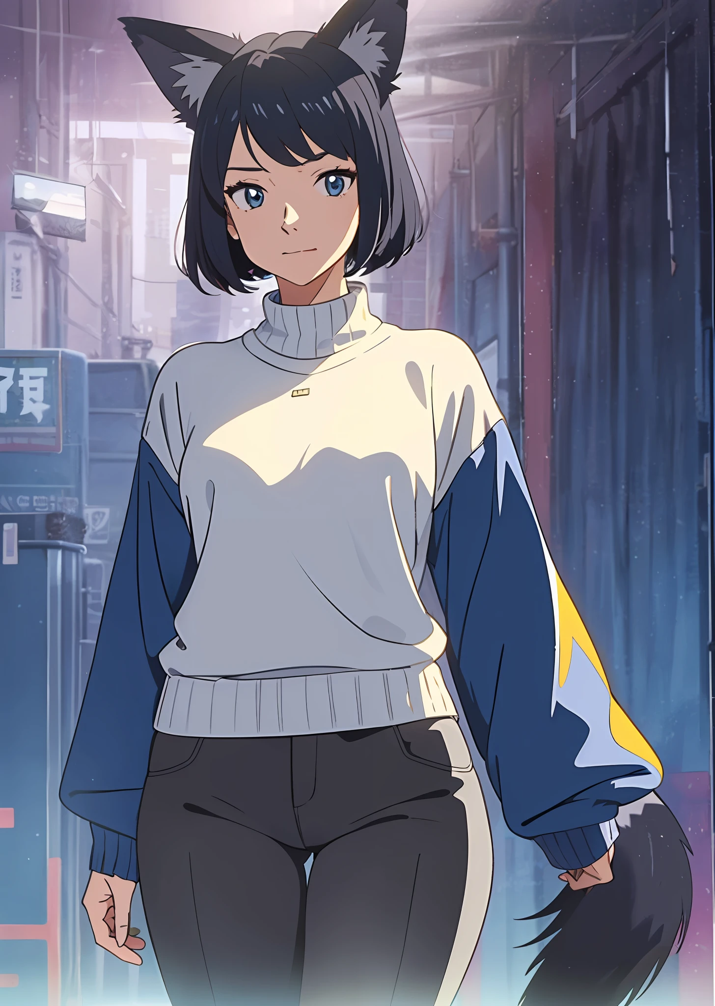 Anime, girl, woman, short black hair, grey fox ears, blue eyes, in the mouth the fang on the left side stands out, a grey fox tail, thin body without much chest, cold sweater, blue sleeves and the rest grey, yellow shirt, legging trousers --auto --s2