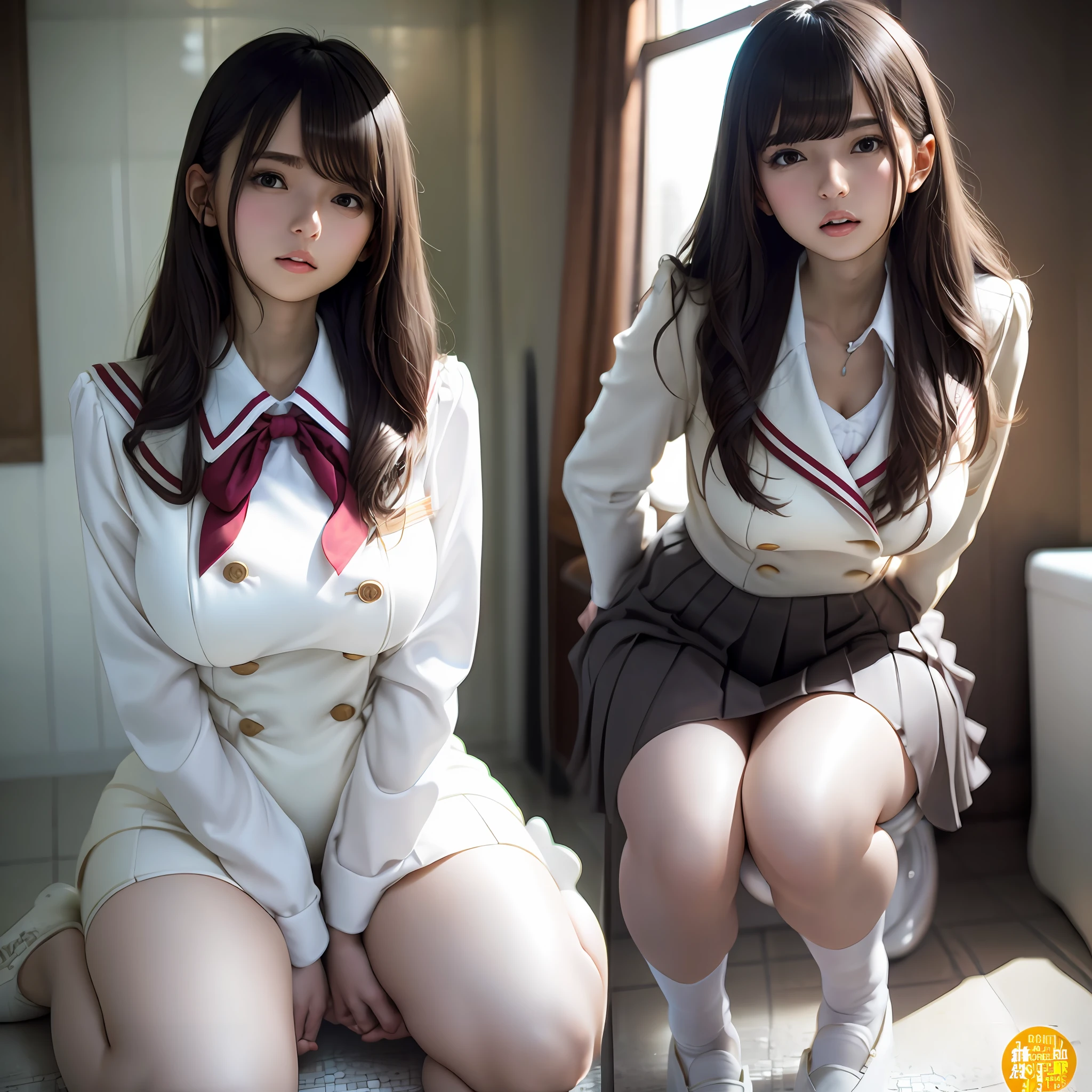 Beautiful woman with hypertrophied and buttockform white silk),Pear-shaped body,In the bathroom,sat on the ground,Face the camera,opening legs,Masturbation,Moeyes,Gasping for air, --auto