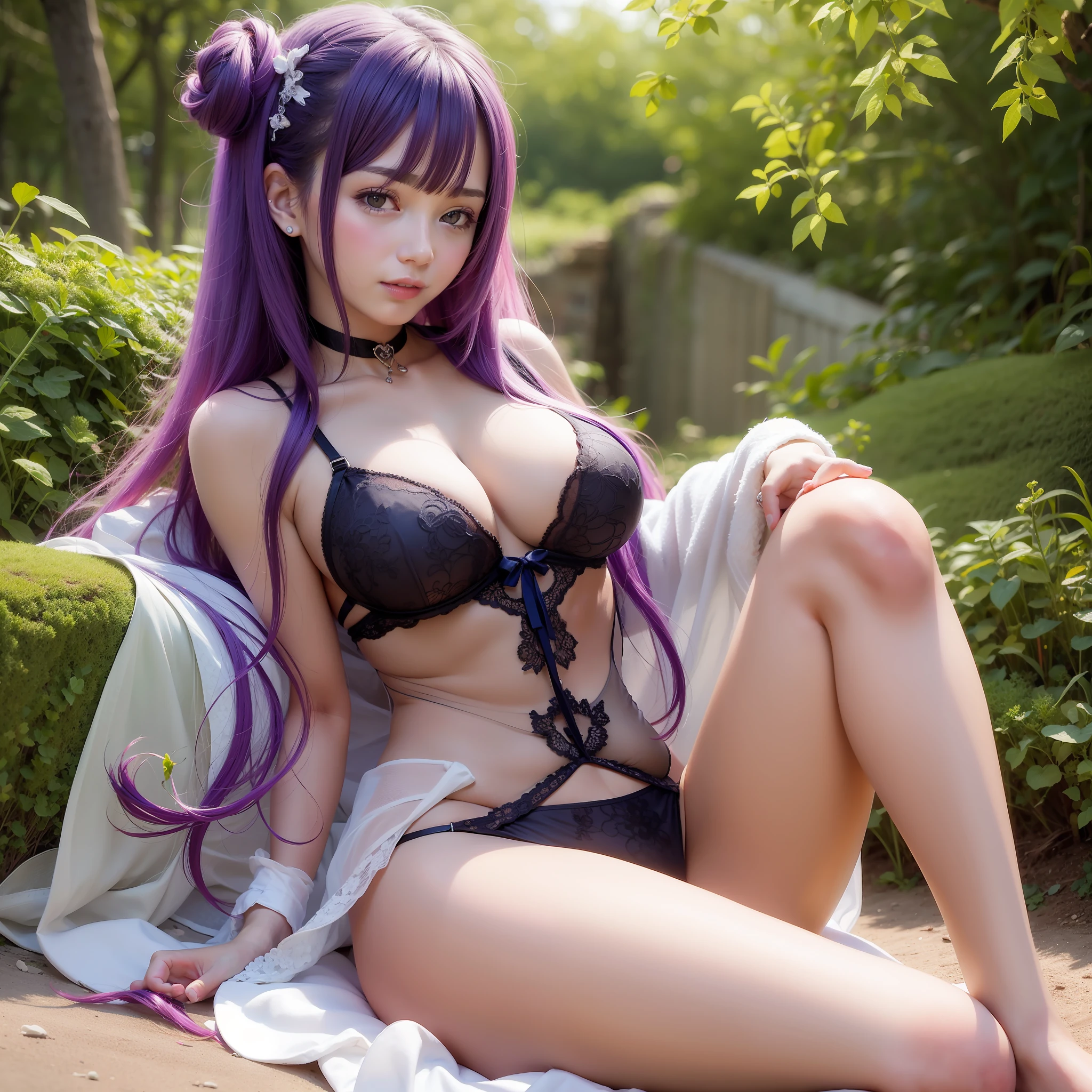 Colorful hair(Purple and blue gradient)、Twin-tailed、hair scrunchie、corolla、Pretty Woman、beautidful eyes、Bright smile、Soft skin type、Official art、masterpiece、Extremely delicate modeling、top-quality、Photorealsitic、8k picture、hiquality、large full breasts、Princess、Infant face(Rounded face)、Sheer lingerie、natural soft light、Large open legs