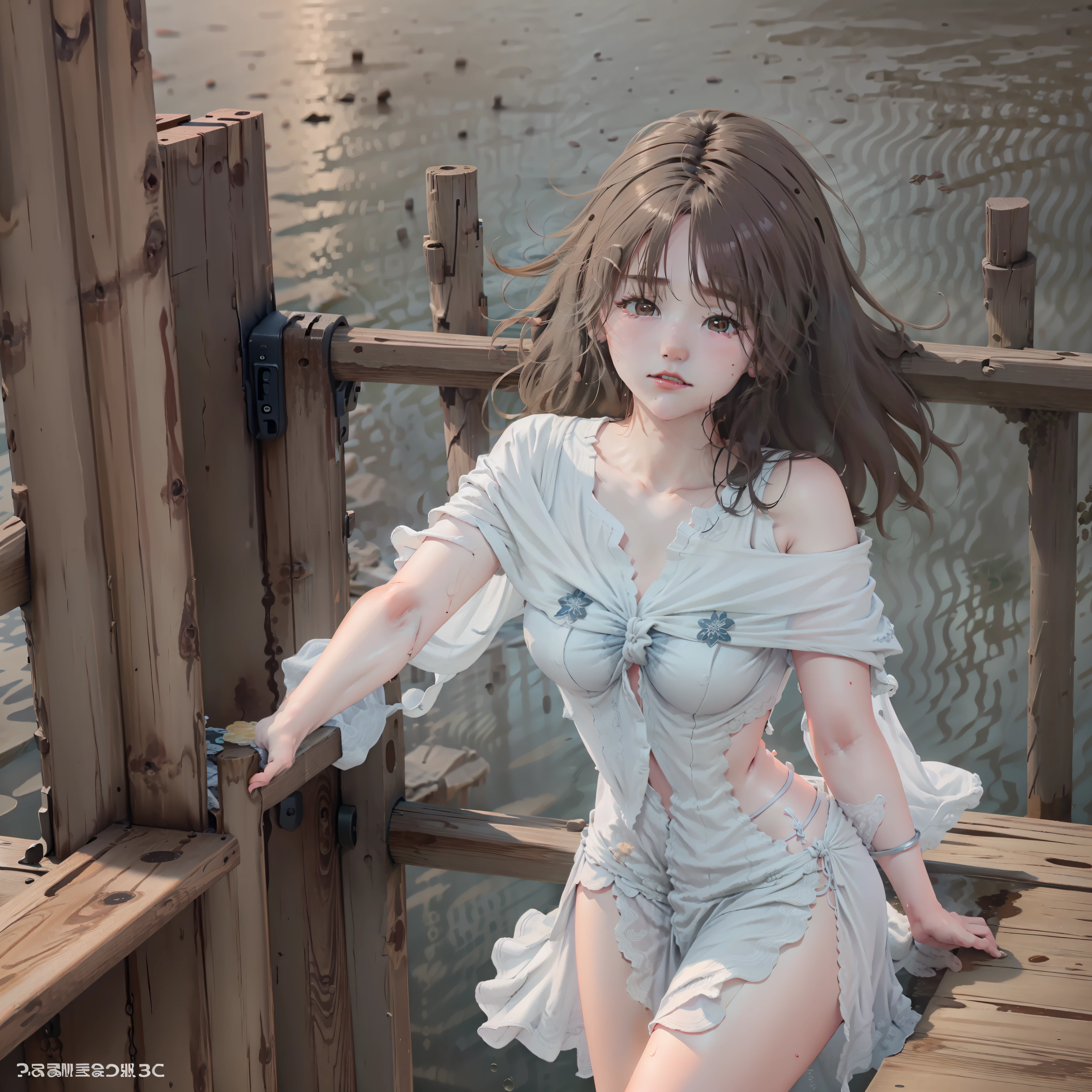 (Best picture quality,Representative Works,Super detailed CG 8K wallpaper) under the water,(On the pier)A(19years old)teens girl,wears a white dress,(Fresh and bright)Blue water,Microwave rippling,A little splash。