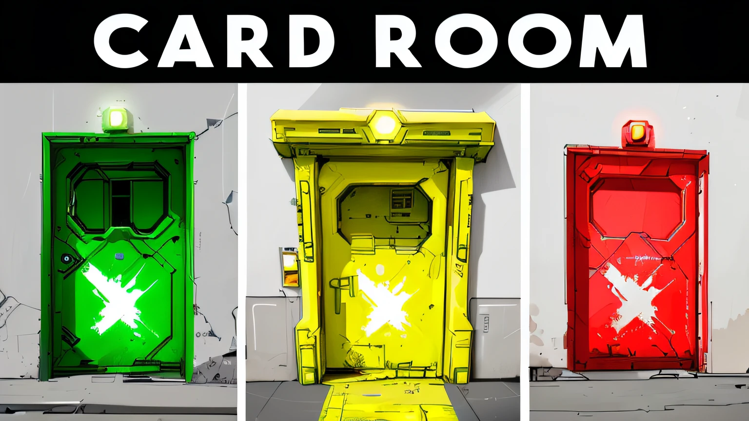 There are three green-lit doors on each of them, Salas segmentadas aleatoriamente, Underground room, sala scifi, sala de jogos em 2 0 4 0, Arte conceitual Hard Edges, card art, Quarto pequeno, bordas duras! grafity, estilo de arte borderlands, Quarto dos Fundos, hard surface concept art, doors that are cosmic portals, quartos dos fundos