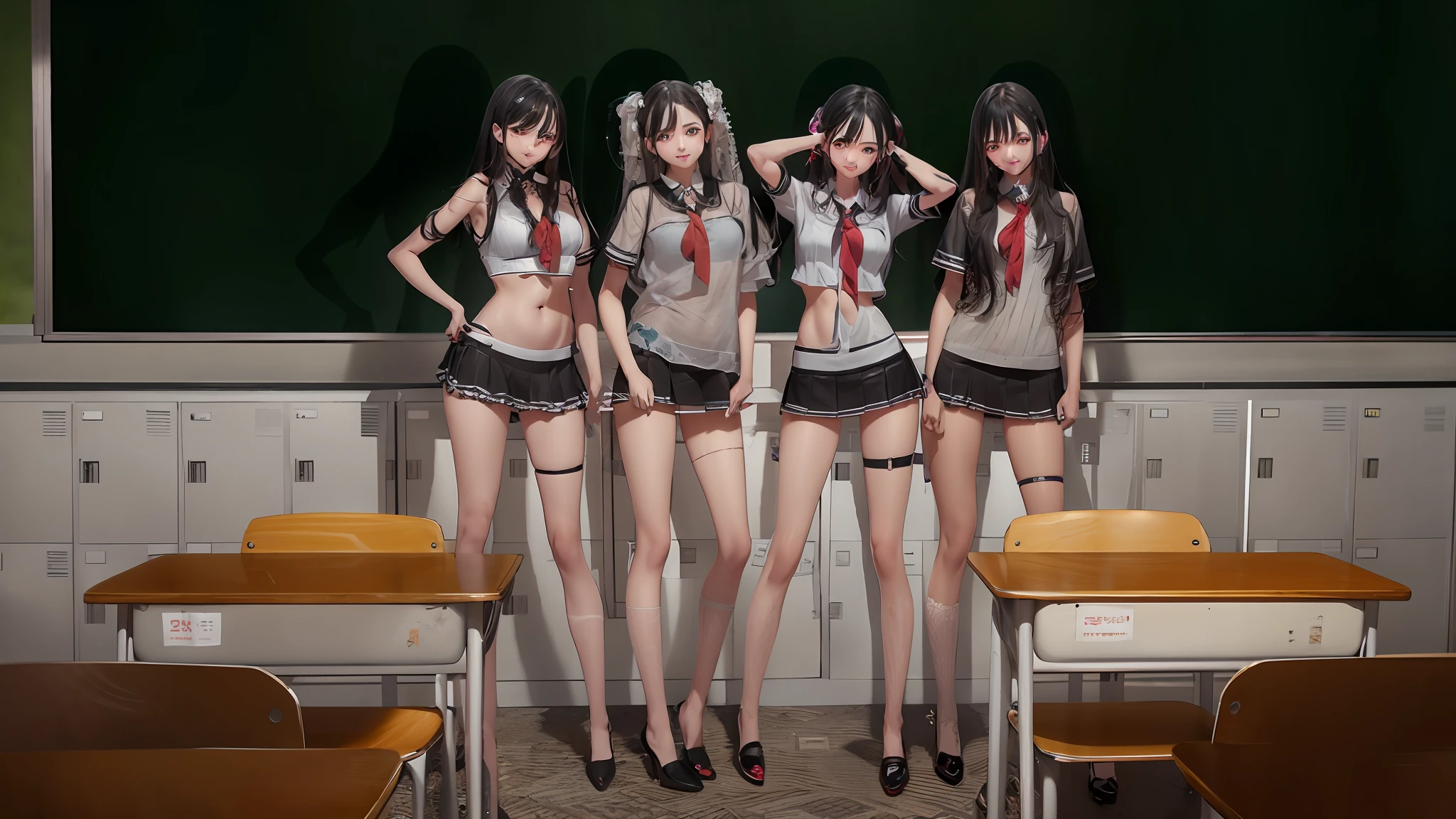 There were four girls in school uniforms standing in a row, female student, 校服，Superskirt，stocklings，Perfect legs，Slender legs，high-heels，A masterpiece，Highest image quality，Delicate face，Perfect face，finely-detailed eyes，oversized boobs