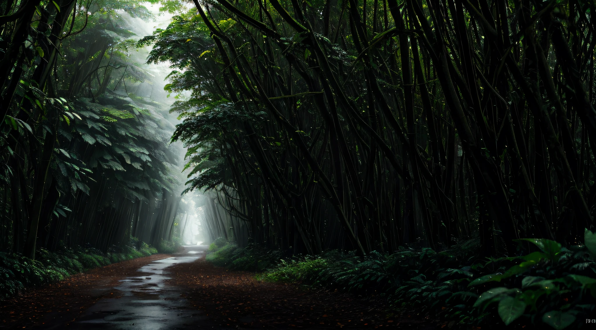 jungle, heavy rainfall, monochrome, vines everywhere, huge and damp trees, masterpiece, best quality, high quality, very detailed CG uniform 8k wallpaper, oil painting, award winning photography, bokeh, depth of field, HDR, bloom, chromatic aberration, realism, very detailed, trends on artstation, trends on CGsociety, intricacies, high detail, drama, midjourney art, volumetric lighting, tall trees, each tree has a diameter of one or two meters, Elongated asphalt roads, taiga