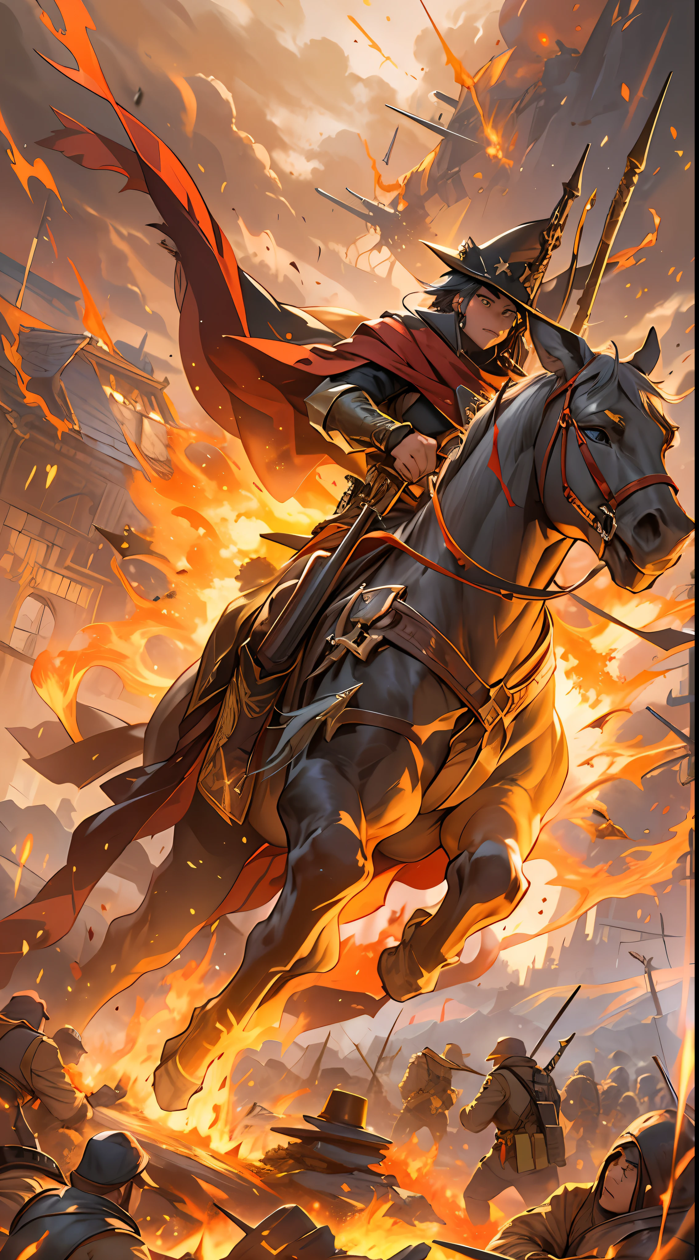 Despite the full counterattacks from two alliances and heroic spirits, they still feel a great threat, a battlefield filled with collisions of flames and energy, the air filled with the scent of gunpowder and electricity, , 32k, best quality, masterpiece, super detail, high details,