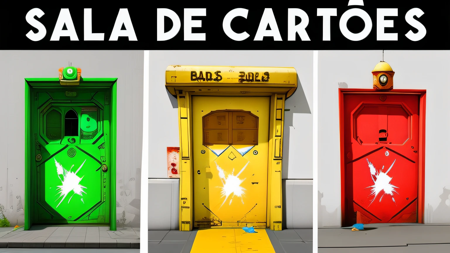 three different colored doors with a street light on each side, Jogo de Portal, Os Carpinteiros, caricaturas, doors that are cosmic portals, arte gta 5 quadrinhos, wagon, Game Portal 9 9 9 9 9 9 9 Valve, bordalo, portal game 9 4 4 9 9 valve, estilo de arte borderlands, portal 2, Eurasian black cover, Portais