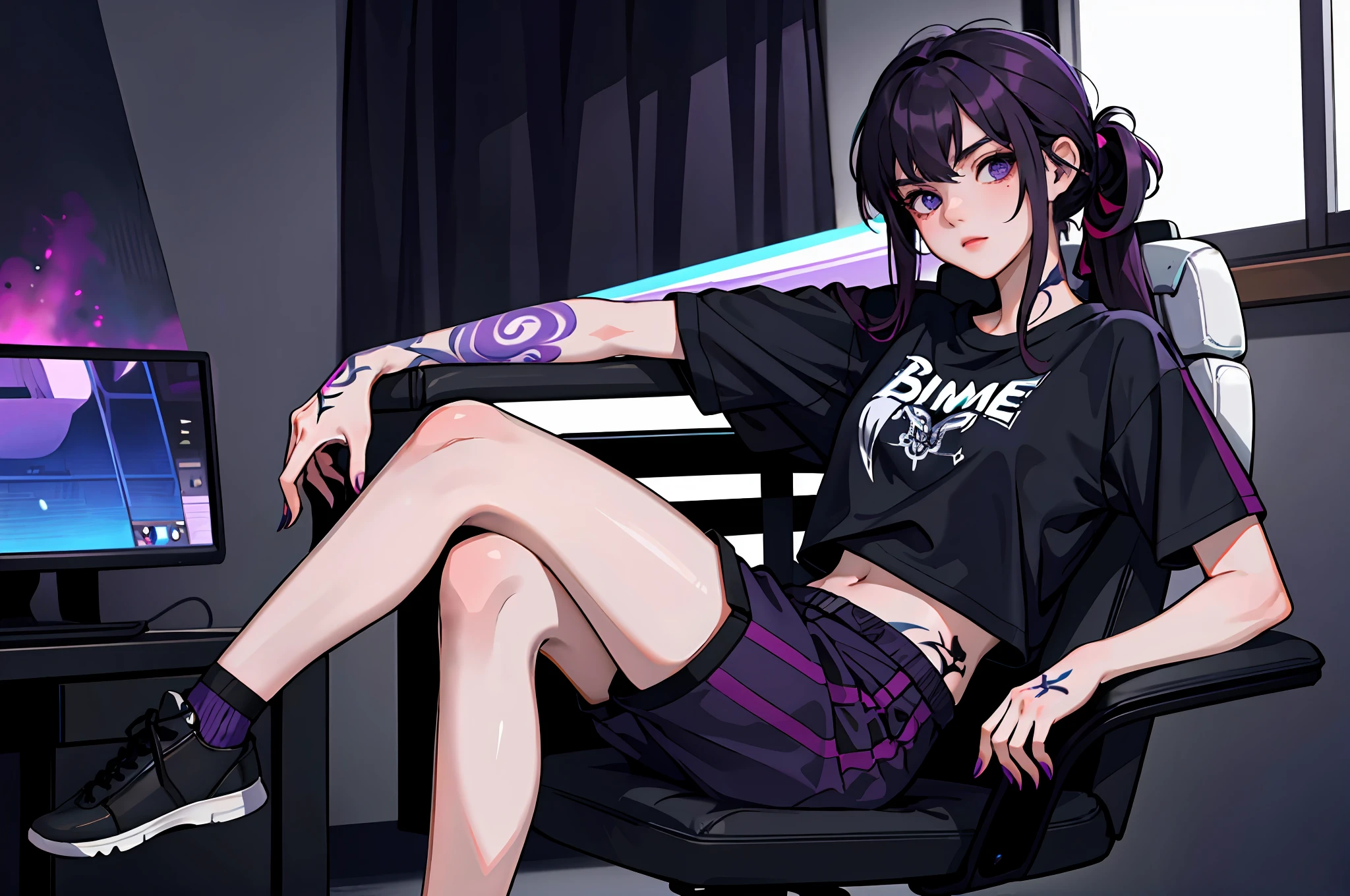 (masterpiece:1.2, best quality), (1girl, solo:1.2), (fume in background:1.4), sitting on gaming chair, dead eyes, dead inside, dark violet hair, black T-shirt, sport pants, (tattoos)