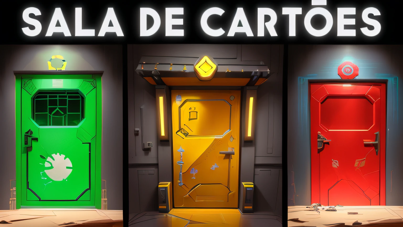 three doors with different colors and designs in one room, doors that are cosmic portals, Portais de cubo, arte estilizada do jogo, Portais, Os Carpinteiros, 3 portas, arte modular do desenvolvimento de jogos, Estilo Valorant, Eurasian black cover, uma sala de fuga em um pequeno, arte conceitual estilizada, Deep Rock Galactic Captura de tela, arte conceitual do jogo indie