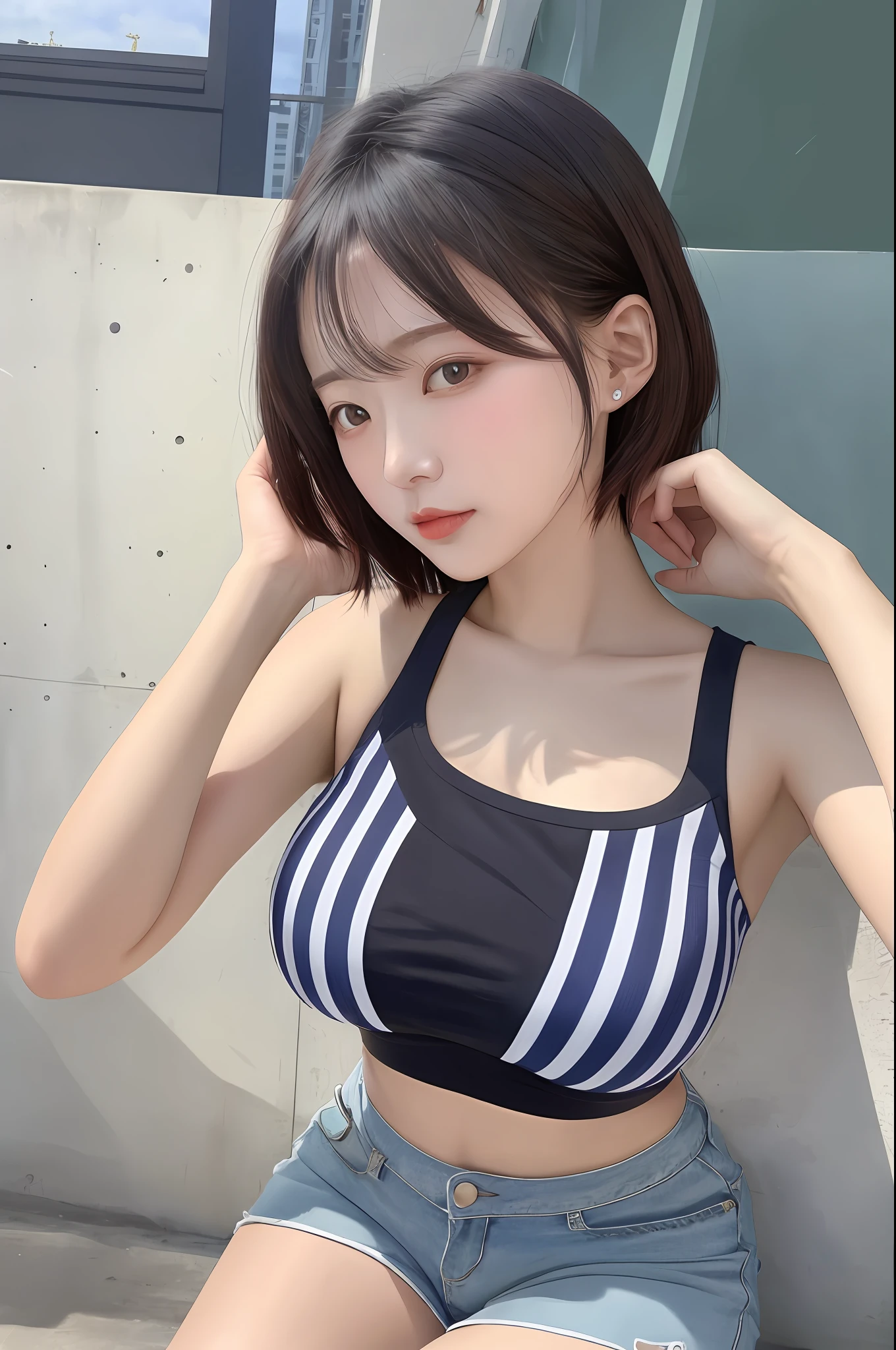 Unbeatable masterpiece,Perfect artwork,((Perfect female image)),short detailed hair,,being thin,photorealestic,独奏,(Fidelity:1.4),best qualtiy,超高分辨率,1girll,Kpop ido,full bodyesbian,(C cup), Low neckline,Blue and white striped skinny ultra shorts(比基尼),big breasts beautiful, tmasterpiece, Best quality at best, very vey very detailed face, Perfect litthing, 👍独奏, plain face, Best quality at best, 超高分辨率, (realisticlying:1.4), ultra - detailed, tmasterpiece, Best quality at best, ulzang-6500-v1.1