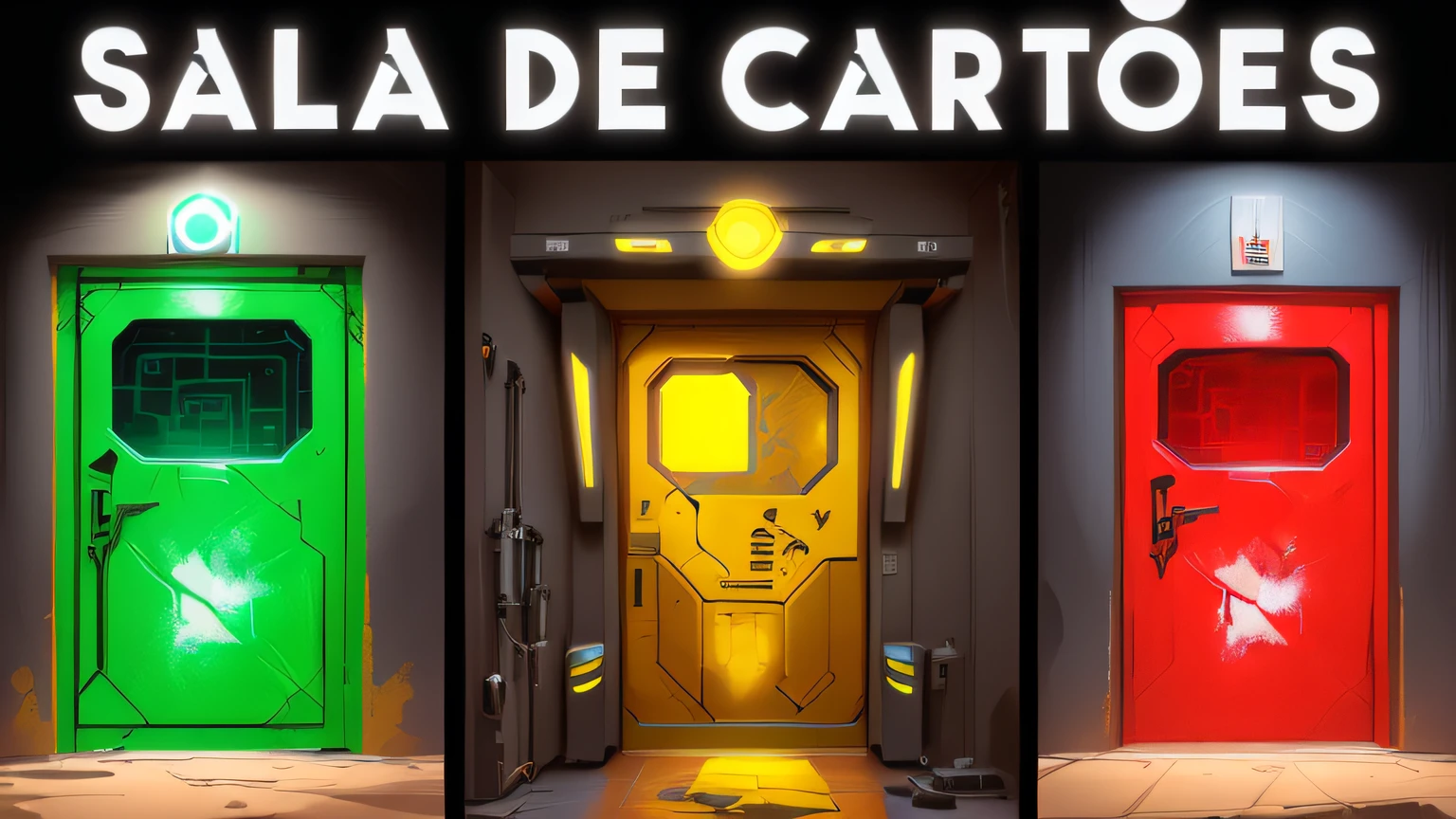 three doors with different colors and designs in one room, doors that are cosmic portals, Portais de cubo, arte estilizada do jogo, Portais, Os Carpinteiros, 3 portas, arte modular do desenvolvimento de jogos, Estilo Valorant, Eurasian black cover, uma sala de fuga em um pequeno, arte conceitual estilizada, Deep Rock Galactic Captura de tela, arte conceitual do jogo indie