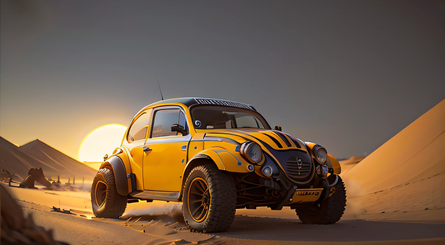 Fusca raly, pneus grandes para andar na areia do deserto do saara, ao fundo um por do sol, uma mulher olhando para o por do sol 8k --auto