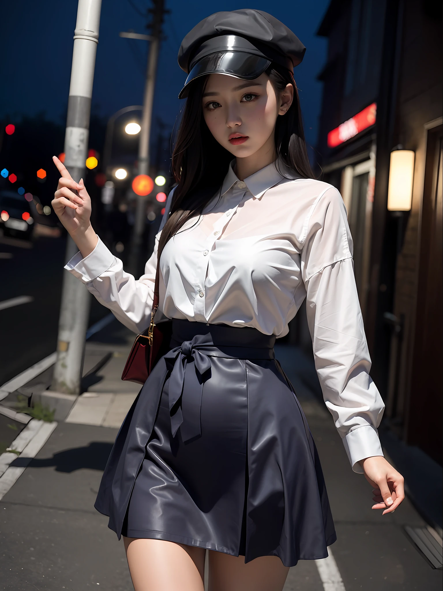 best qualtiy，tmasterpiece，超高分辨率，（realisticlying：1.4），RAW photogr，（perfect body type），dynamicposes，1 Girl Japan，waist-up，独奏，JK clothing，pleatedskirt，shirt，Headwear bow，in the darkness nigth，the night，Have on the street，deep shading，low tune，Cold light 12000K，