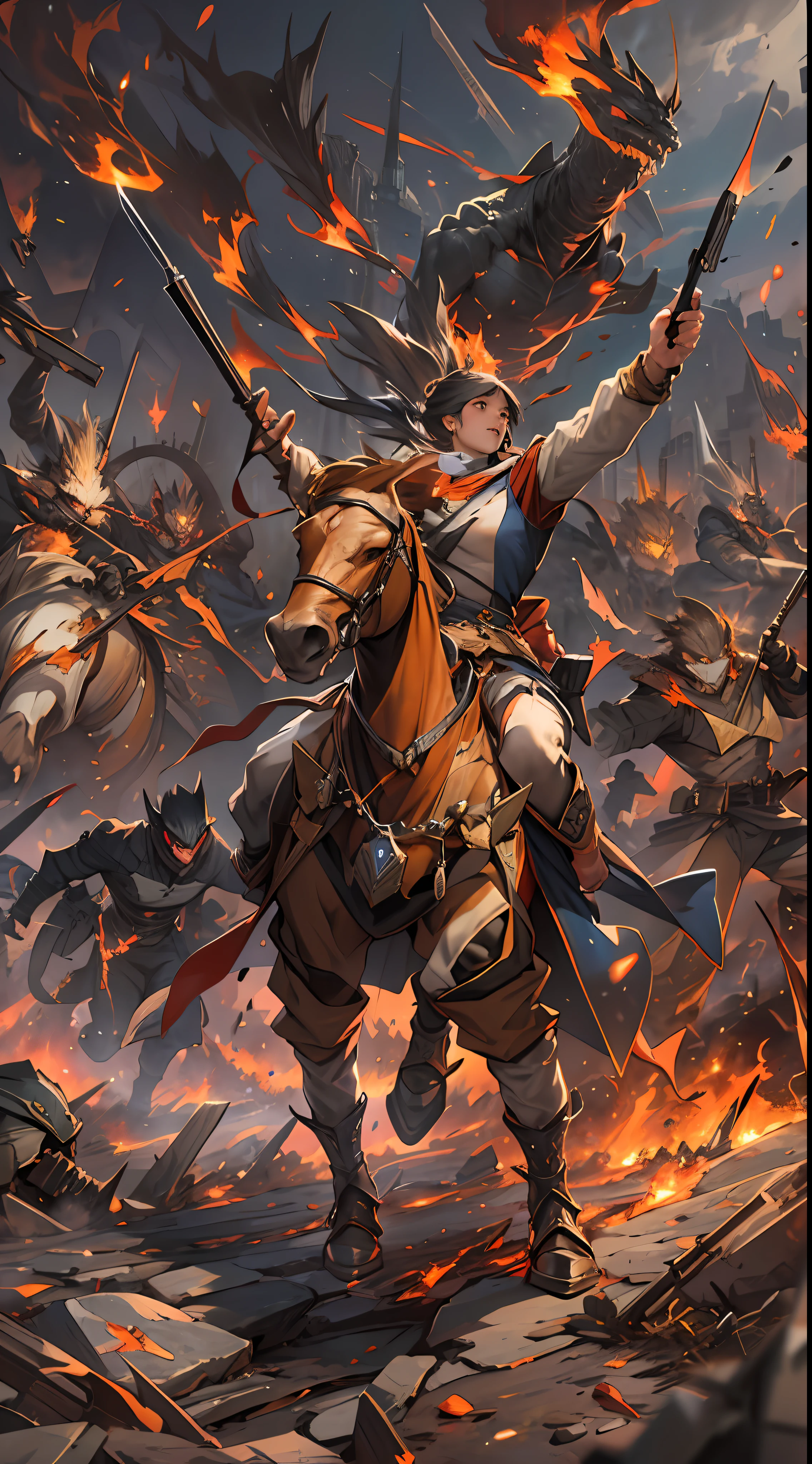 Despite the full counterattacks from two alliances and heroic spirits, they still feel a great threat, a battlefield filled with collisions of flames and energy, the air filled with the scent of gunpowder and electricity, , 32k, best quality, masterpiece, super detail, high details,