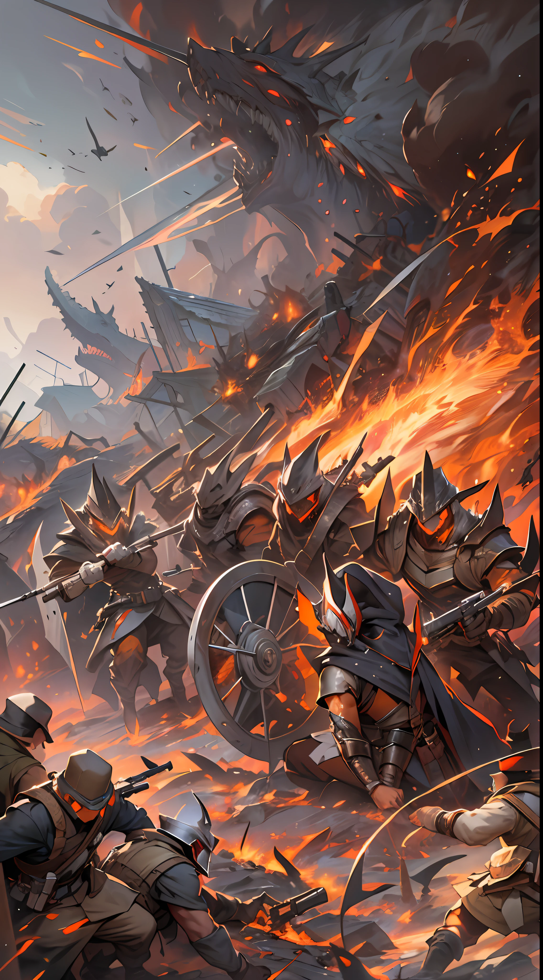 Despite the full counterattacks from two alliances and heroic spirits, they still feel a great threat, a battlefield filled with collisions of flames and energy, the air filled with the scent of gunpowder and electricity, , 32k, best quality, masterpiece, super detail, high details,