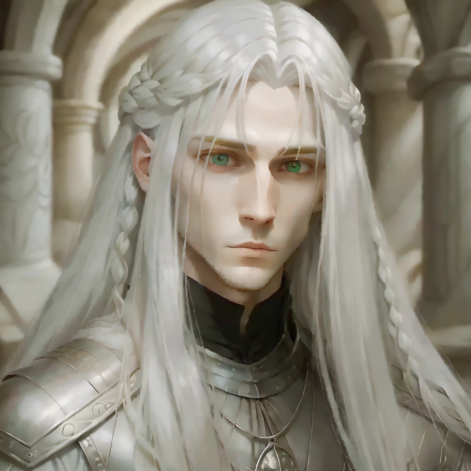 white male,Middle Ages style,silber hair,long whitr hair,The left eye is green,yellow right eye,Two-dimensional style,tmasterpiece, Best quality at best, HighestQuali, The best work, Master artist, --auto