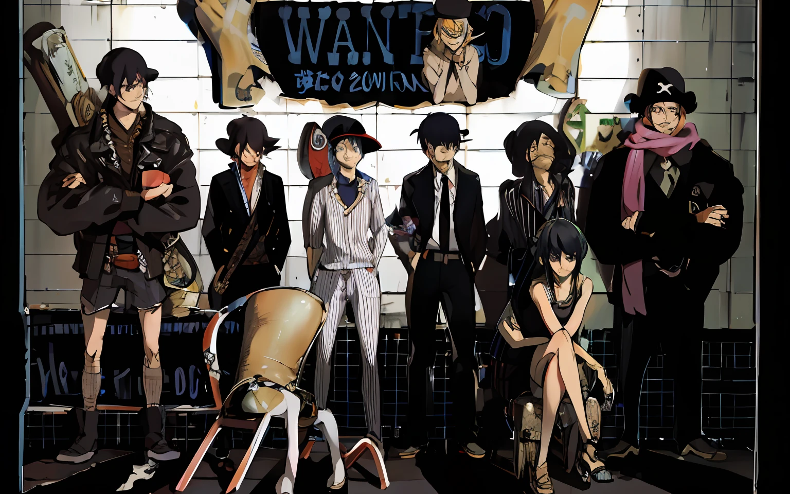 Pirates in the subway station，There is a huge poster of a man on it, author：Joichiro Oda, inspired by Eiichiro Oda, Eiichiro Oda style, from one piece, One Piece style, One Piece, style of eiichiro oda, one piece art style, wallpaper - 1 0 2 4, badass composition, sharp high quality anime, author：Hiroyuki Tajima --auto