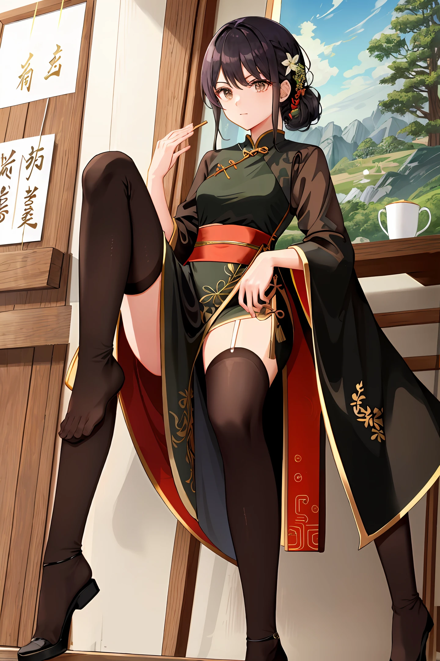 blacksilk，long leges，on cheongsam