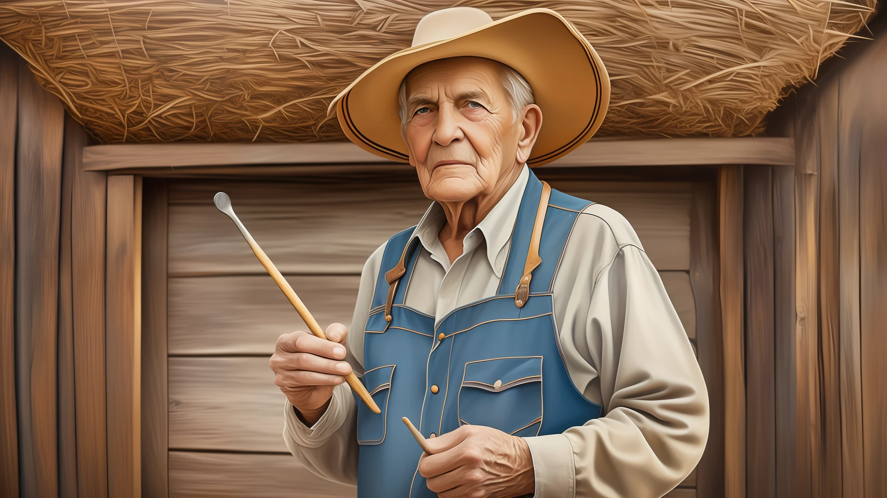 (extremely realistic oil painting, masterpiece),best quality, an elderly farmer, standing near a traditional Brazilian barn, vintage scenery, golden sunlight, aged appearance, wrinkled skin, friendly face expression, rustic clothes texture, wooden hat, hand-held tools, dusty background.