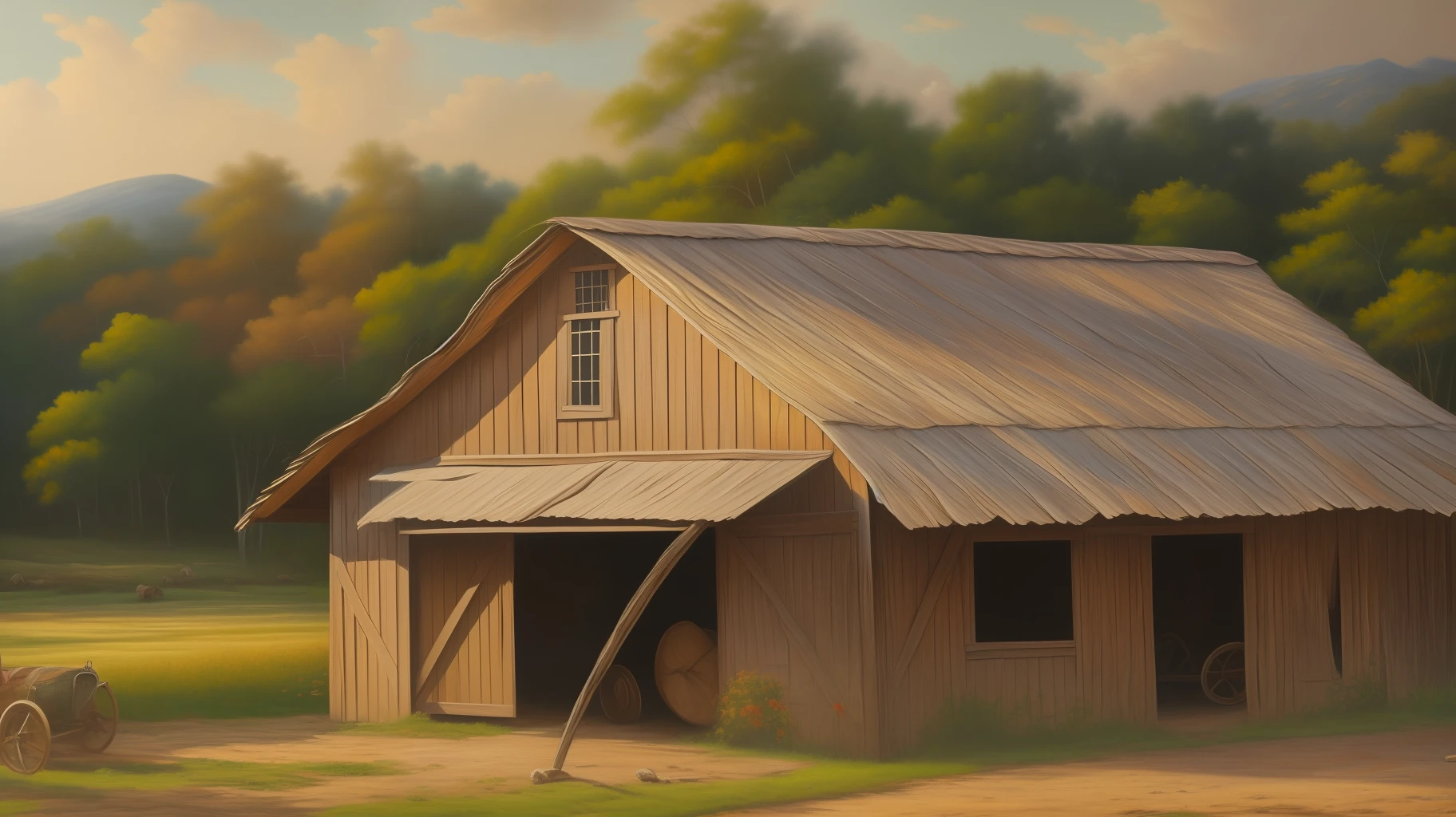 (extremely realistic oil painting, masterpiece),best quality, an elderly farmer, standing near a traditional Brazilian barn, vintage scenery, golden sunlight, aged appearance, wrinkled skin, friendly face expression, rustic clothes texture, wooden hat, hand-held tools, dusty background.