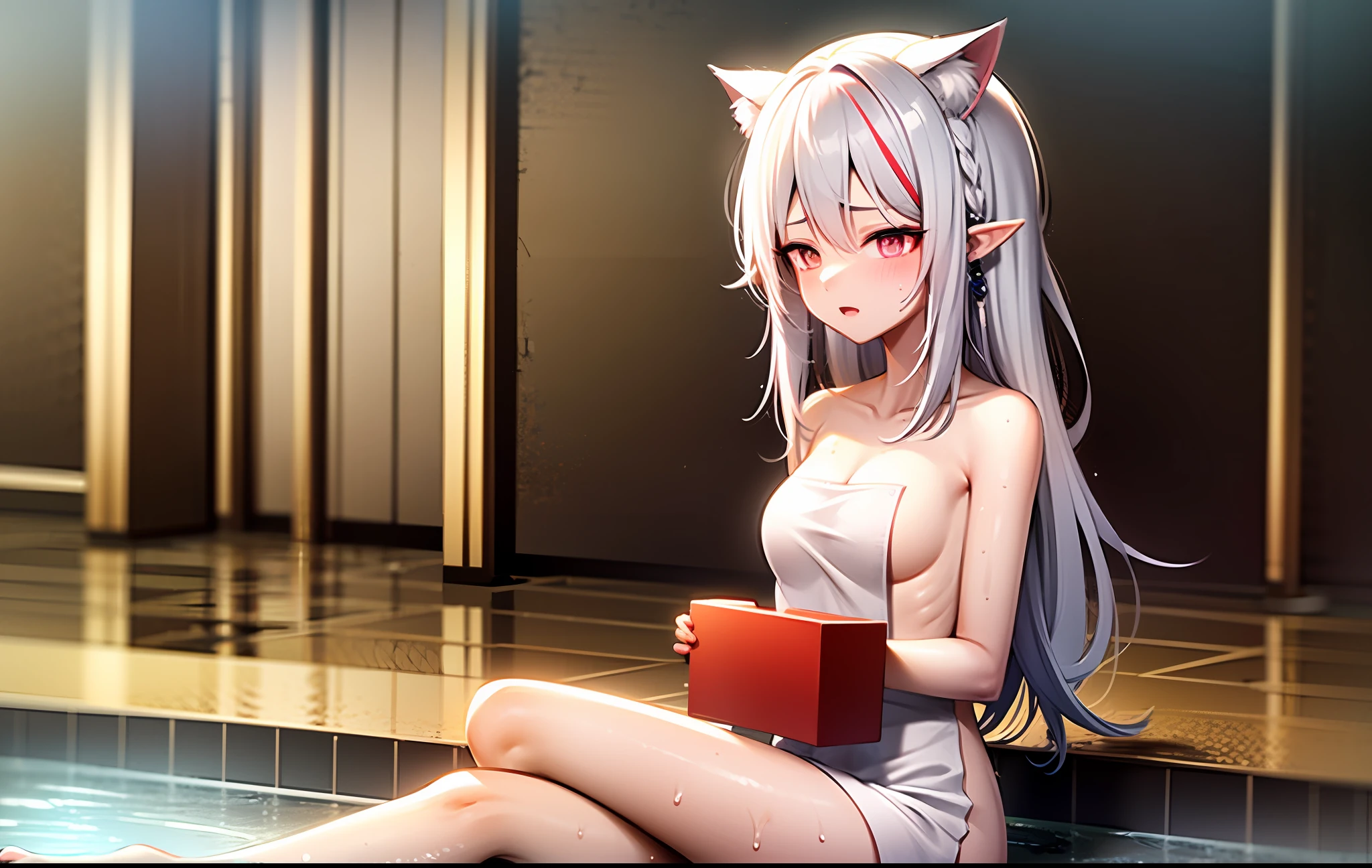 Girly color no clothes white hair bath towel red eyes sweat long hair cat ears two-dimensional