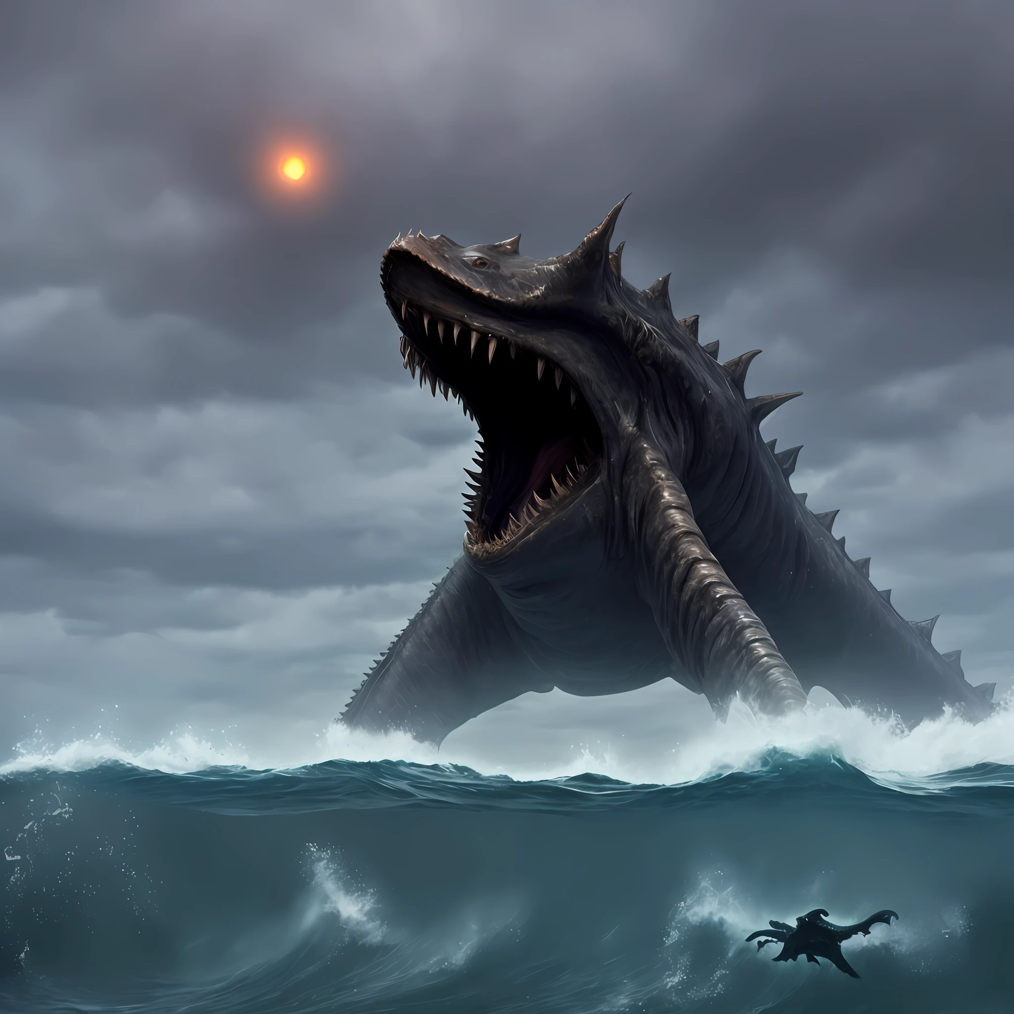 (Deep under the sea, A deep-sea monster rising from the ocean in Cthulhu,Huge mouth:1.2, lovecraftian sea creature, Smooth all over),Great Coast, The waves are surging, The shore beach is sparkling, (The eyes of the giant monster burned,Great Leviathan), Thrilling graphics