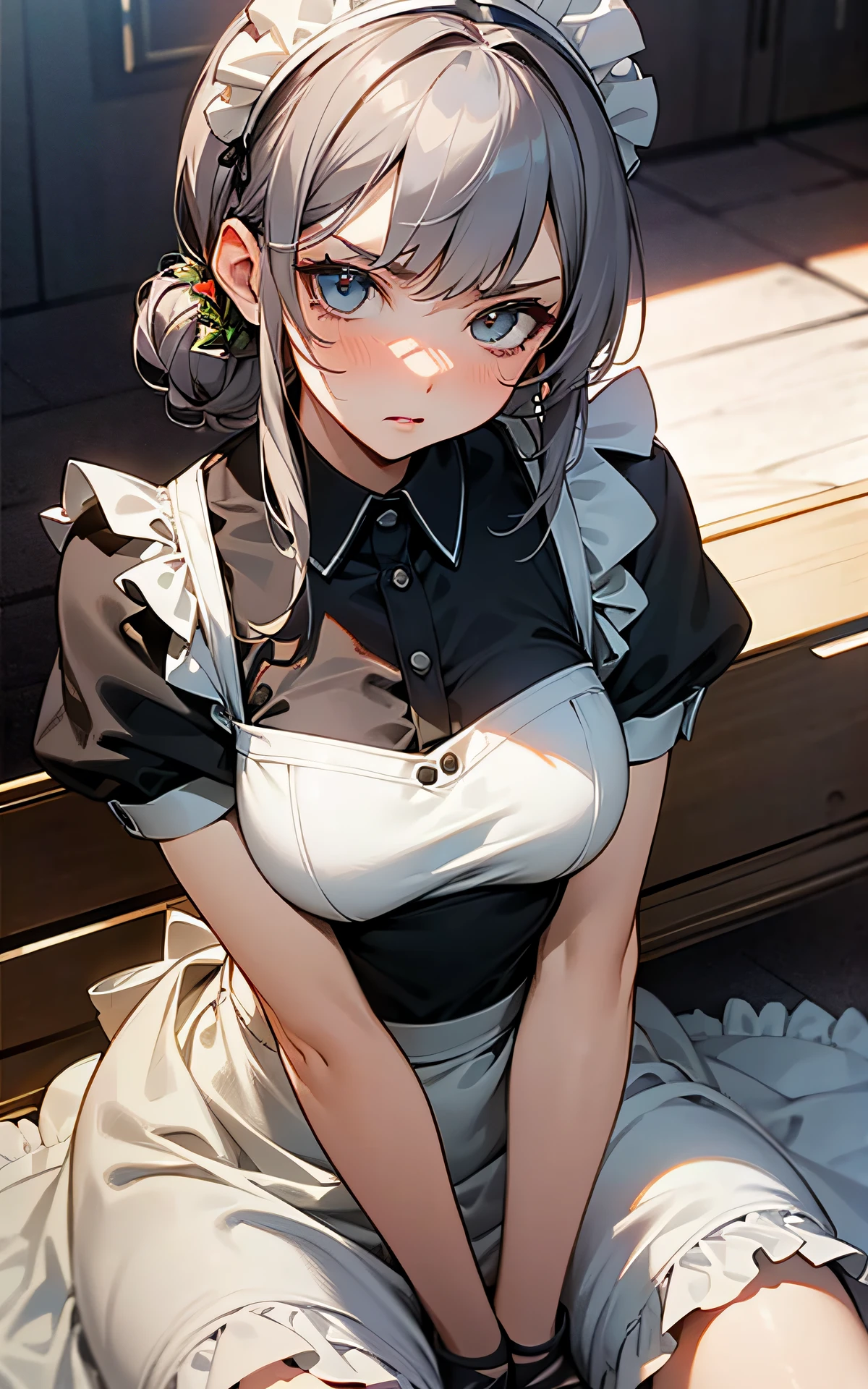 (Original Character、Unity 16K Wallpaper, Masterpiece, Best Quality, Ultra-Detailed, Extremely Detailed CG, Caustics, Cinematic Lighting, Detailed, Beautiful Detailed Eyes, solo), Ultra High Resolution, fine skin、(strong light)、(sexy women)、maid, maid apron, maid headdress,outdoor,sunny day、cowboy shot,gray hair、sit on the bench,open legs wide,Bridal updo,blush angry,maid clothes