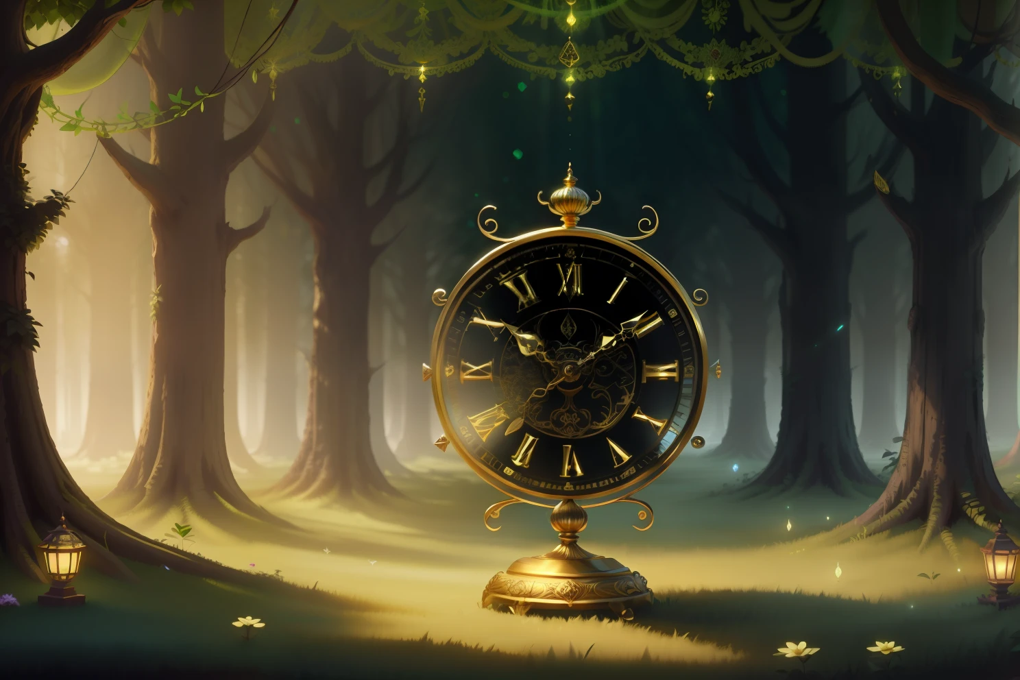 photo of a large hand holding an antique gold watch, flores, magia-fantasia-floresta, arte digital, most amazing art in the world, ((sem humanos)), Light Volumetric, cores suaves equilibradas, forest scenario, videiras, uhd, render de octanas 8k, magica, Awesome, ethereal, intrincado, design intrincado, ultra sharp, sombras, cores mais frias, trend in CGSociety, ((melhor qualidade)), ((obra-prima)), (detalhado), Antique clock