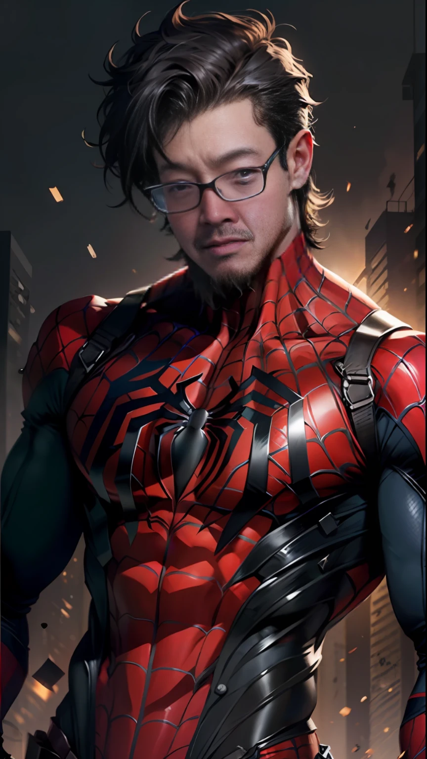 25-year-old man with glasses, short hair and beard detailed defined body wearing spider-man cosplay