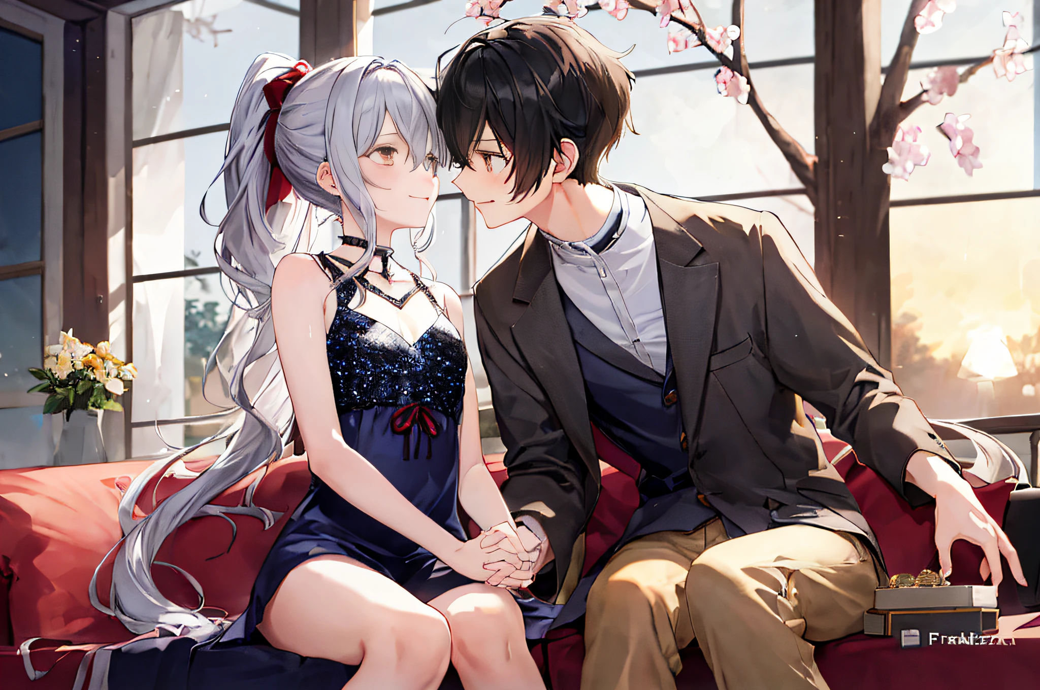 anime couple hetero 1boy with 1girl smiling sitting on a couch with cherry blossoms in the background, sakimichan and frank franzzeta, nixeu and sakimichan, lovely couple, wlop and sakimichan, from girls frontline, artwork in the style of guweiz, high quality anime artstyle, high quality fanart, frank franzzeta and sakimichan